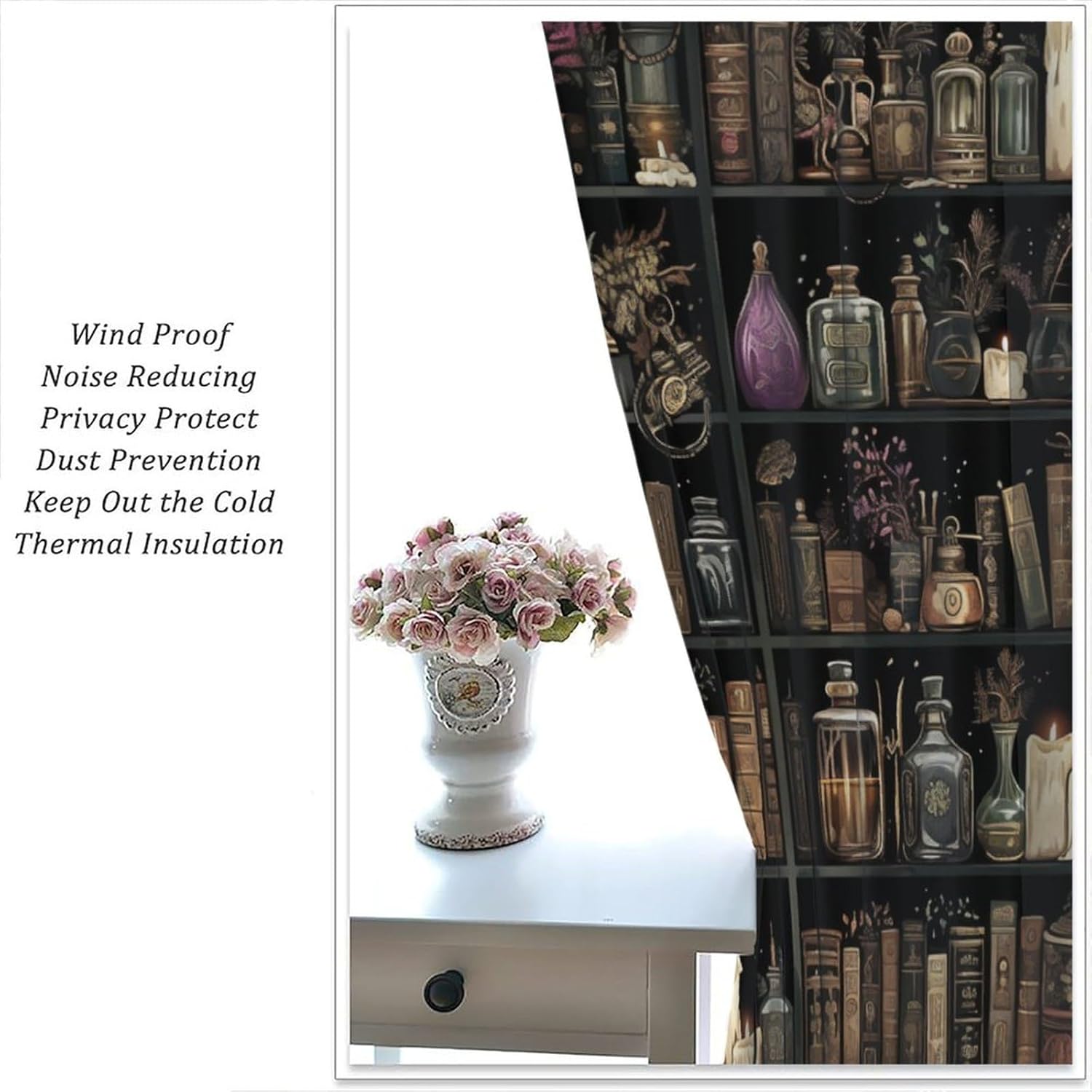 Gothic Library Book Blackout Curtains for Bedroom Living Room, Retro Bookshelf Skull Floral Candles Thermal Insulated Room Darkening Curtain - 72" L x 63" W