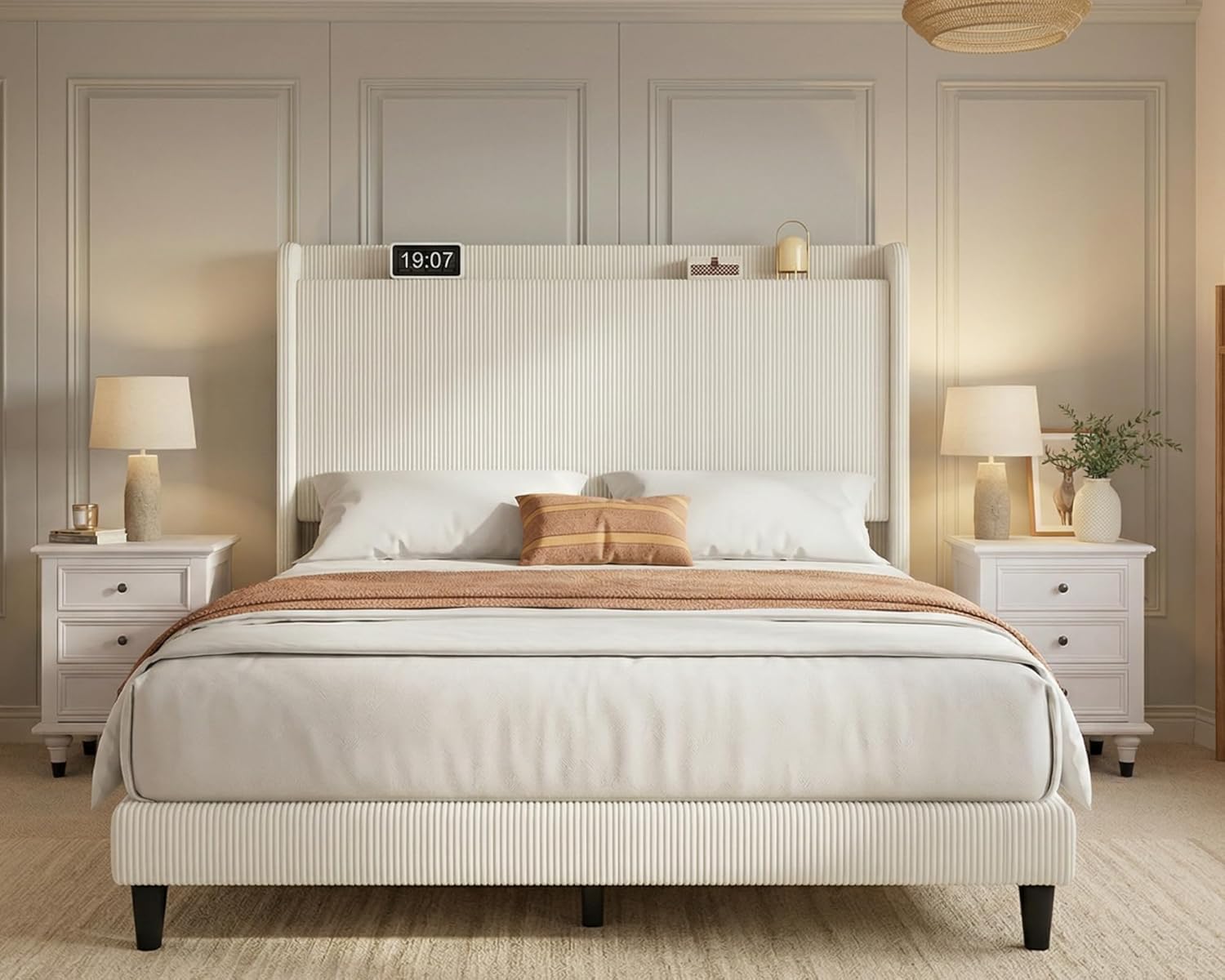 YITAHOME Queen Bed Frame with Adjustable Corduroy Wingback Headboard 43.3"-47.2", Upholstered Platform Bed, Solid Wood Slat Support, No Box Spring Needed,Beige Cream