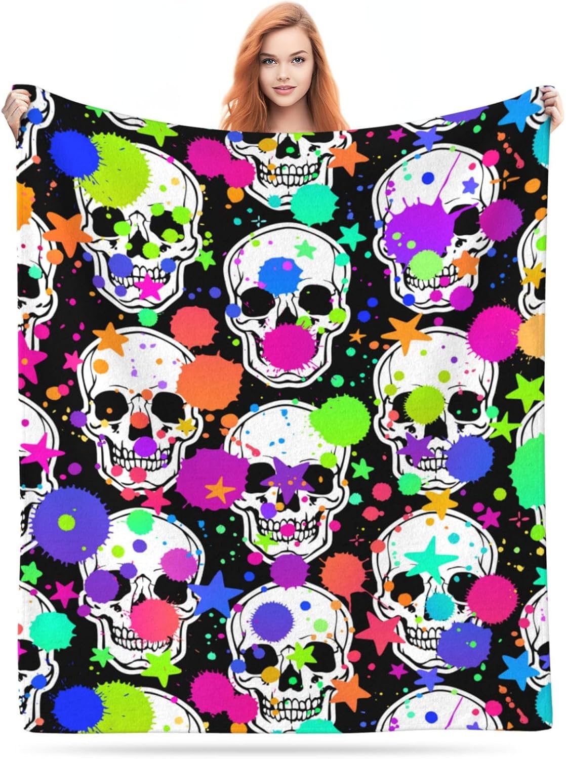 Bright Skull Colorful Splash Blanket, Soft Blankets Flannel Bed Throw Cozy Lightweight Plush Gifts for Women Men Boys Girls Sofa Couch Bedroom Living Rooms Warm All Season, Home Decor, Small 50"x40"