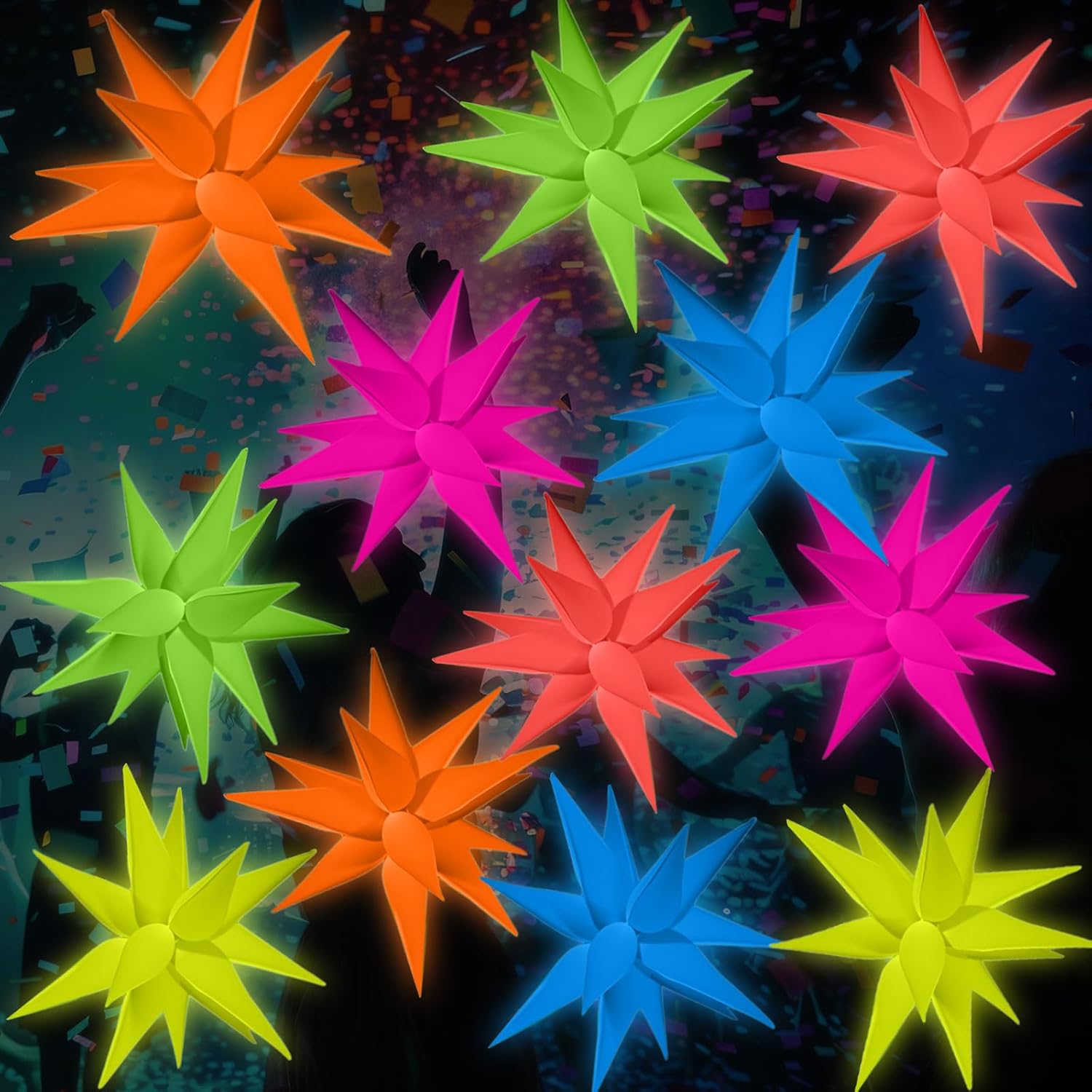 12 Pcs Explosion Glow in The Dark Neon Balloons Foil Birthday Party Decorations for Graduation Wedding Anniversary Back to 80s 90s Disco Hip Hop, Fiesta, Let's Glow Rock Roll Party Supplies