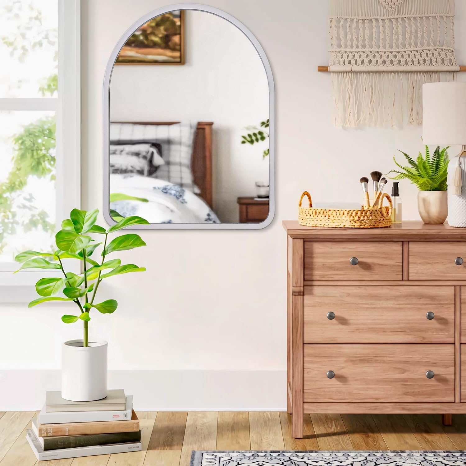 Mirrors for Wall Rustic Wooden Frame Arched Vintage Vanity Wall Mirror for Bedroom Bathroom Living Room Farmhouse Entryway Decor New Home Silver Large 26" x 18"