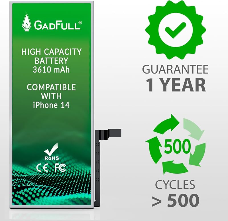 Acumulator GadFull de mare capacitate pentru iPhone 14, an de fabricație 2026, cu set de instrumente și ghid de reparații inclus, compatibil cu APN original, 0 cicluri de încărcare