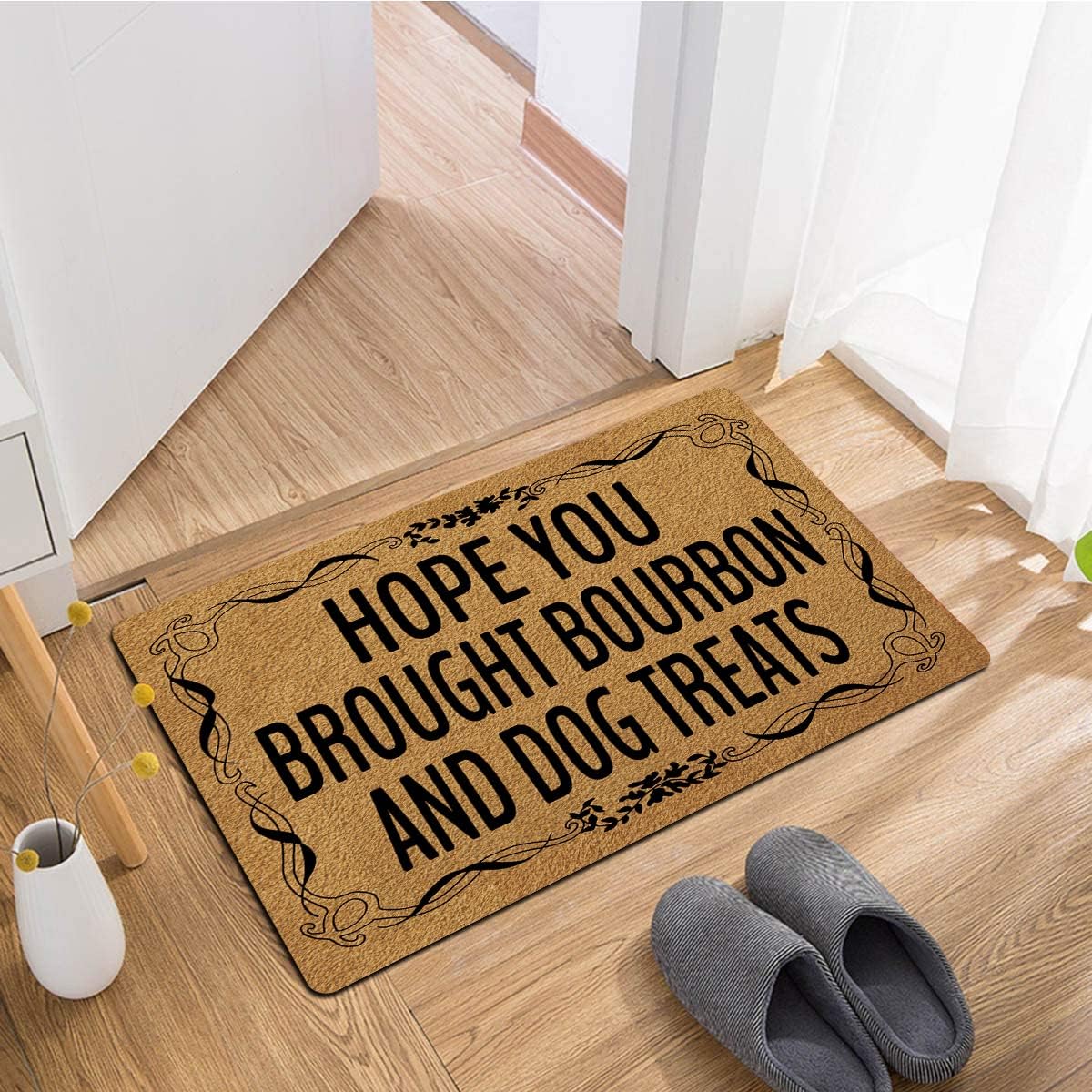 FunXiLin Funny Welcome Doormat(29.5" x 17.7") Non-Slip mat Gift mat Personalized Home Decor mats for in Door Kitchen Entrance Rugs and Mats （Hope You Brought Bourbon and Dog Treats）