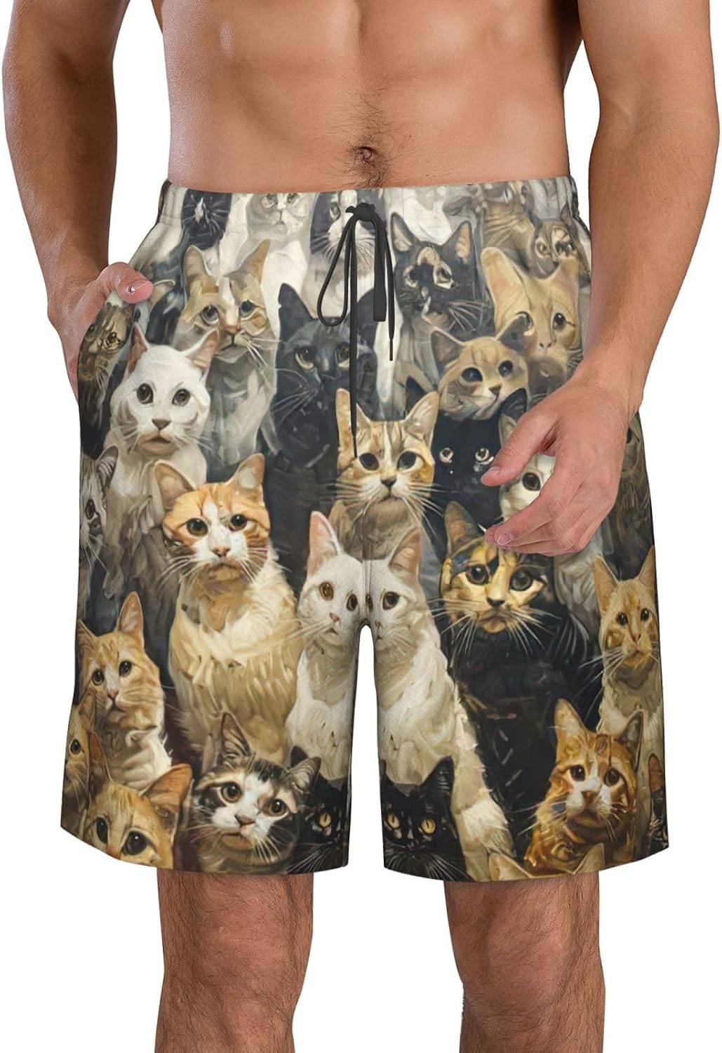 Cat Print Men's Quick-Drying Shorts Casual Beach Pants Stretch Waist Shorts and Pockets