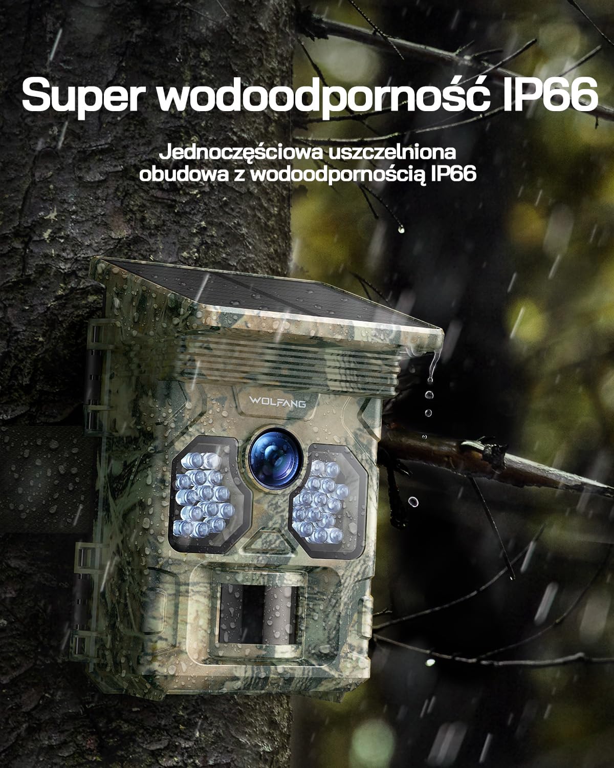 WOLFANG Solarna kamera przyrodnicza 4K 48 MP, kamera szlakowa z noktowizorem aktywowanym ruchem 0,1 s, czas wyzwalania IP66, wodoodporna camera do gier do monitorowania dzikiej przyrody