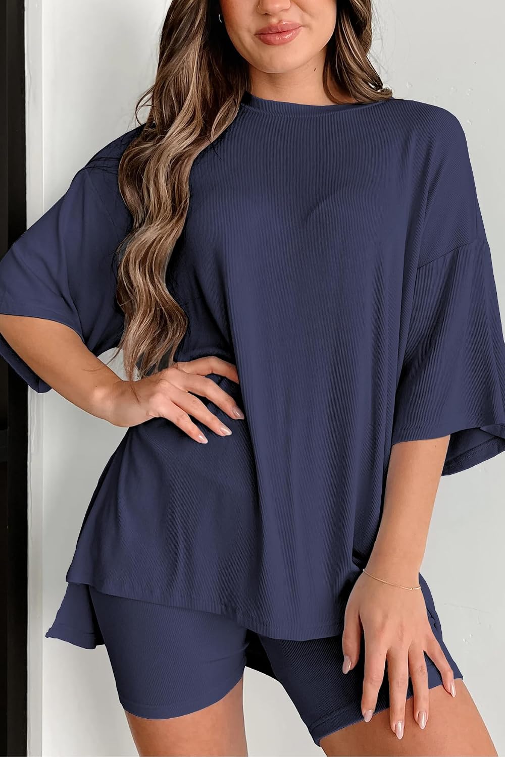 Womens 2 Piece Lounge Set 2026 Summer Travel Outfit Casual Short Sleeve Oversized Tshirts & Biker Shorts