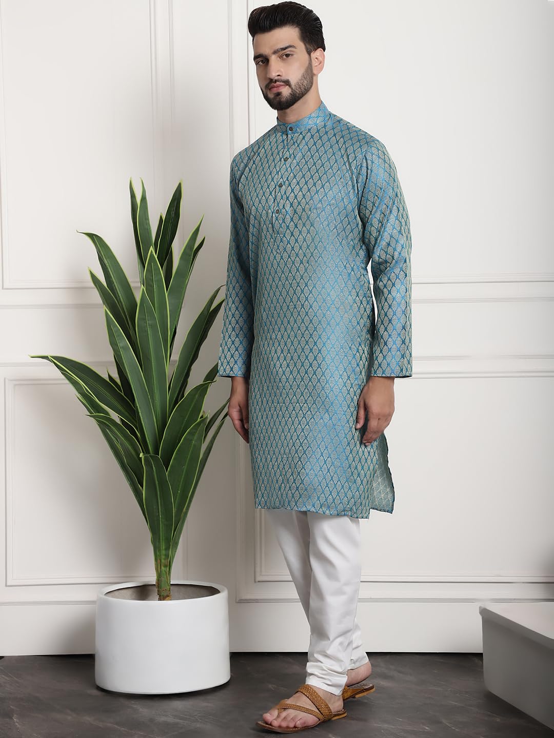 Sojanya (Since 1958 Men's Jacquard Silk Tgreen Kurta And Off-White Pyjama With Black Nehru Jacket