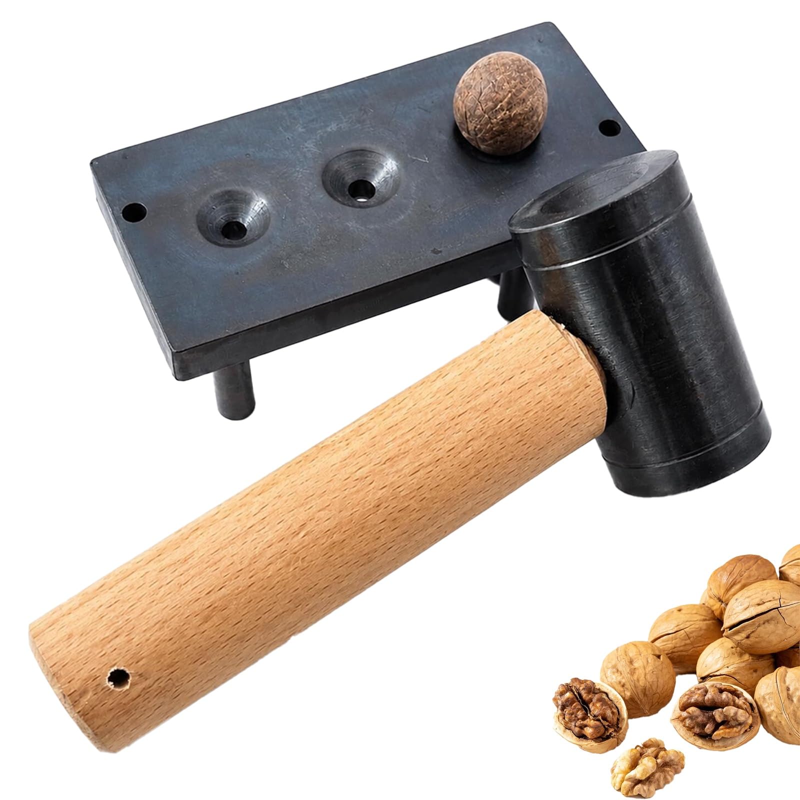 XCSCUK Manual Nutcracker, Heavy Duty Nut Cracker,with Iron Base, Hammer & 3 Tapered Holes, Fits 12/16/19mm Nuts,for Walnuts, Macadamia