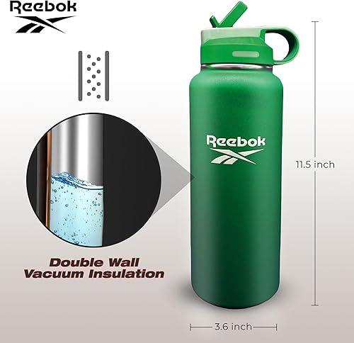 Miniatura 4 de Reebok Botella de agua de acero inoxidable con diseño de popote y estilo de vida, botellas de agua aisladas de 40 onzas, botella de agua deportiva