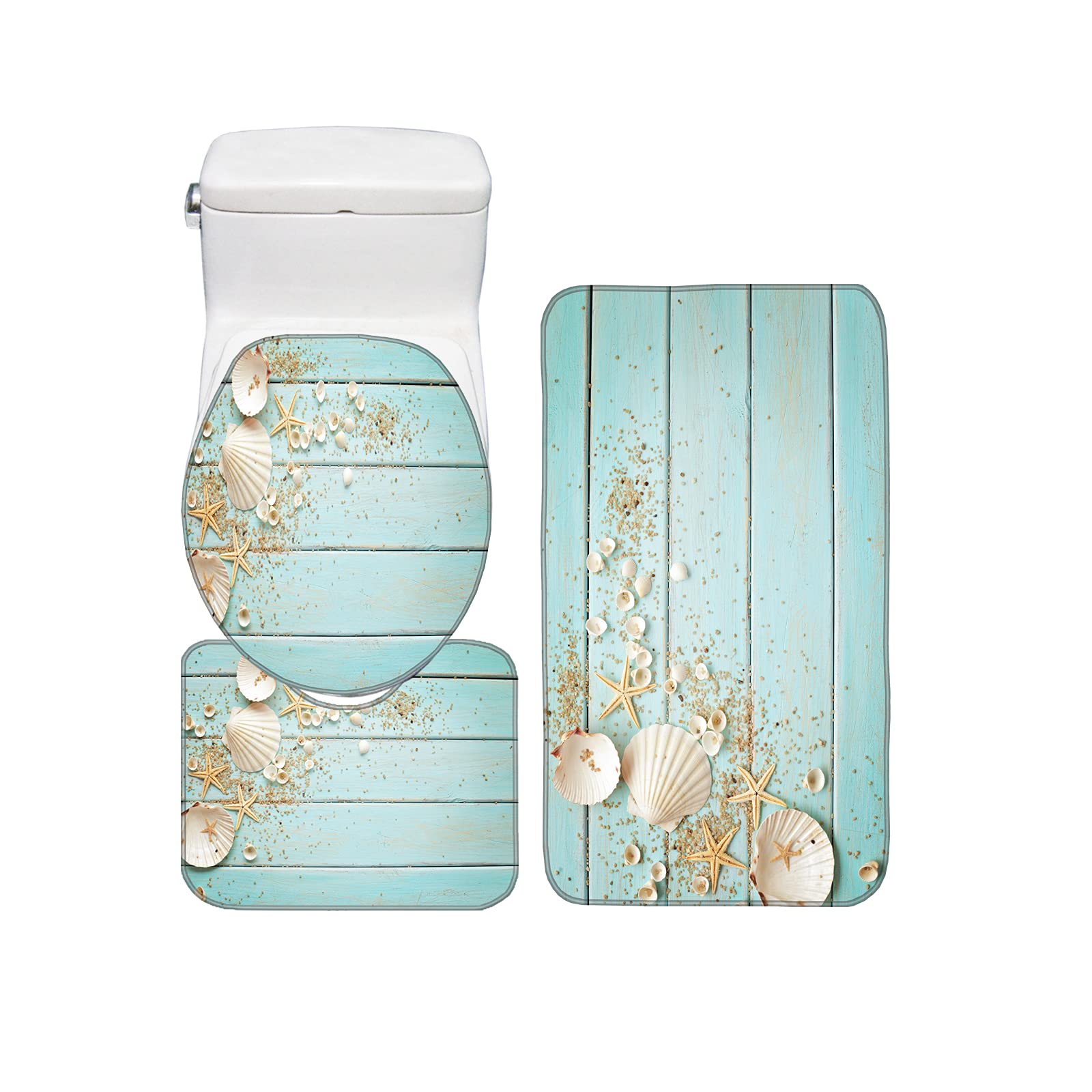 Bearbae Seashells Decor on Blue Wooden Background Pattern 3 Piece Bathroom Mat Set Non Slip Bath Mat Contour Mat Toilet Cover
