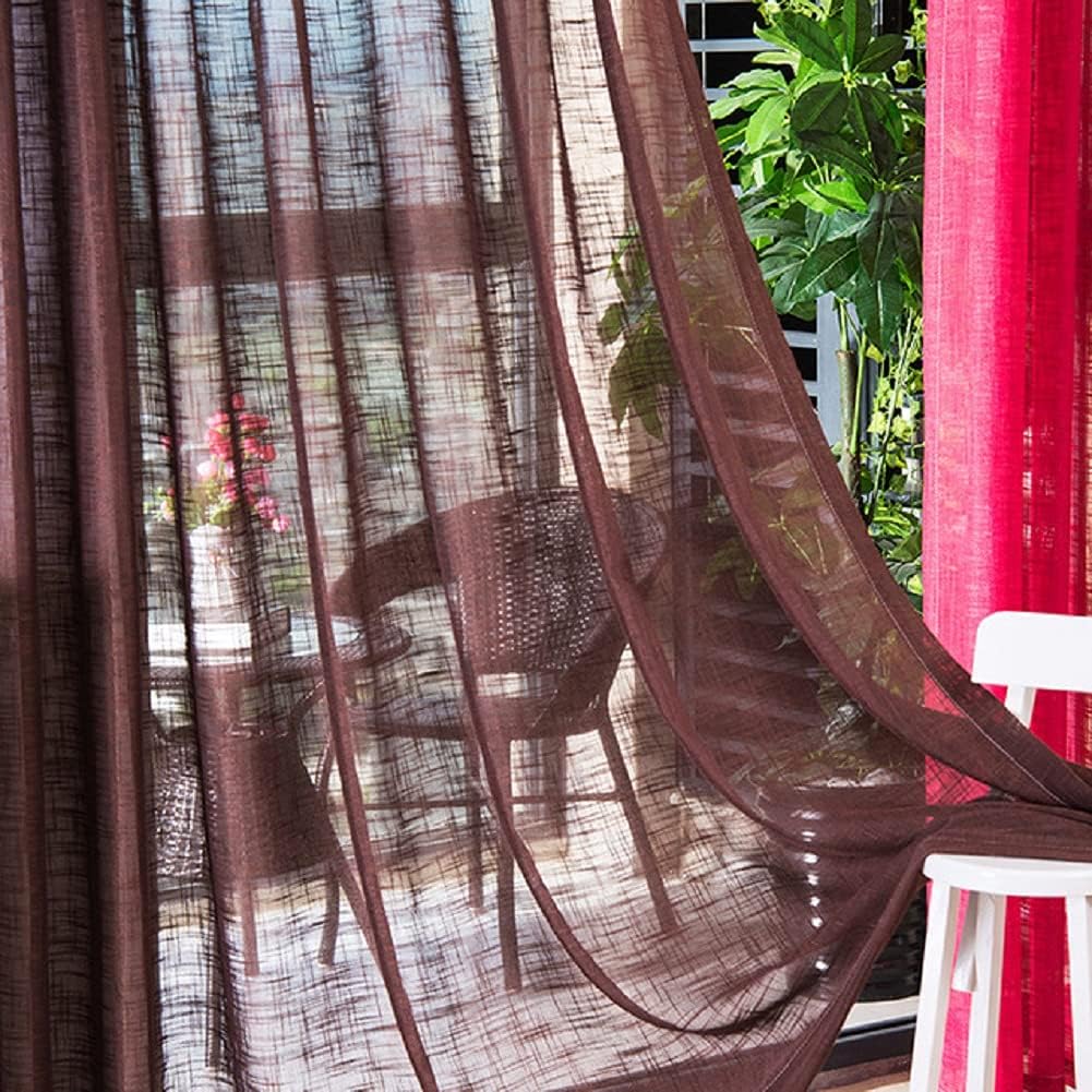 HooHero Brown Simple Linen 52 Wide Sheer Curtains Living Room Balcony Kids Baby Room Decoration Drapes Voile Gauze