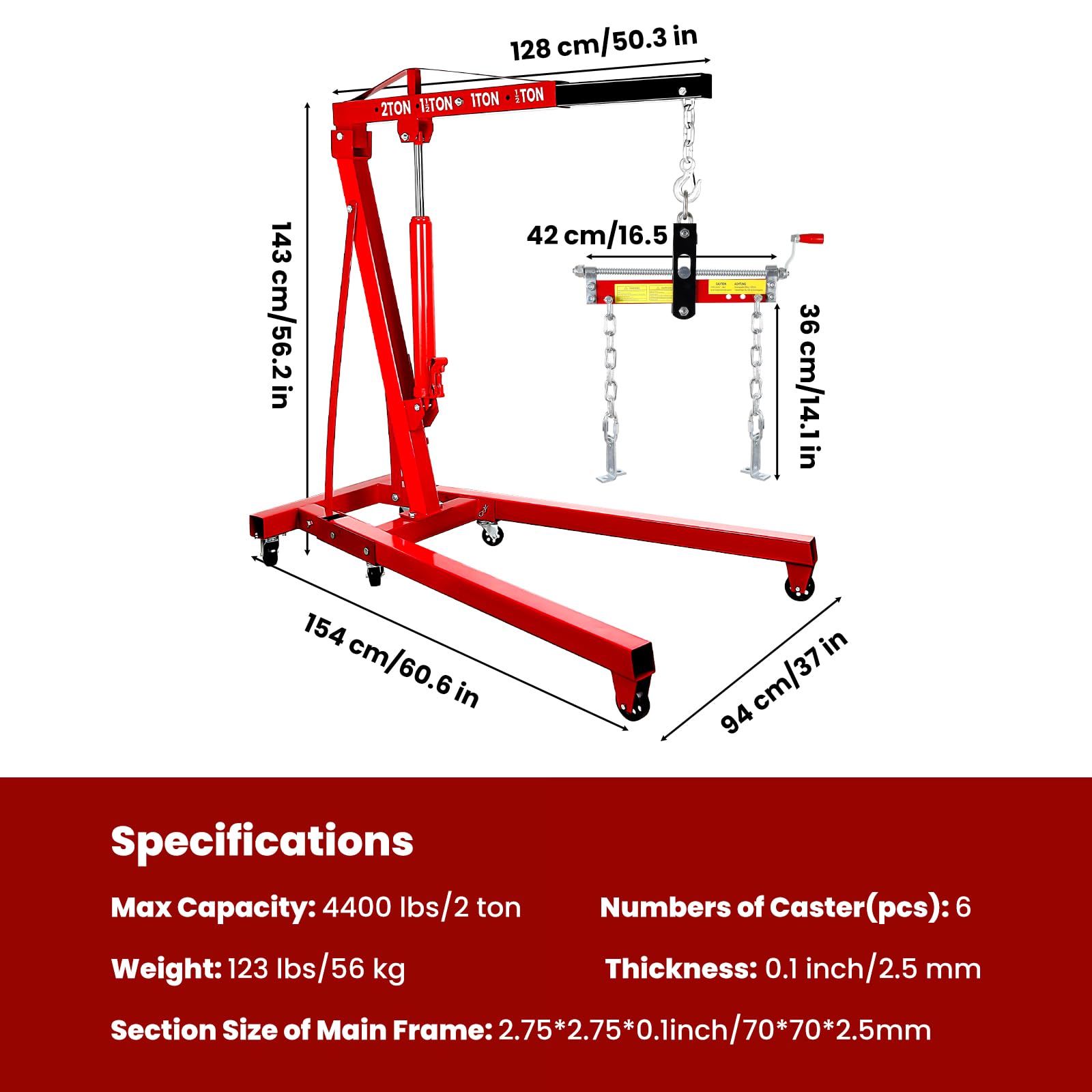 Recolector de cerezas plegable de 4400 libras, elevador de motor de 2 toneladas con palanca, con 6 ruedas, bomba hidráulica de 8 toneladas, 4 posiciones ajustables, grúa de motor para garaje, taller