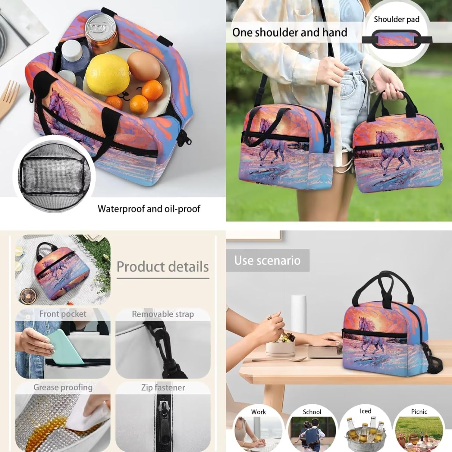Student Reusable Backpack Set for Elementary Middle Schools, Horse Sunset Backpack Kids School Bookbags with Lunch Box Pencil Case Lightweight for Girls Boys
