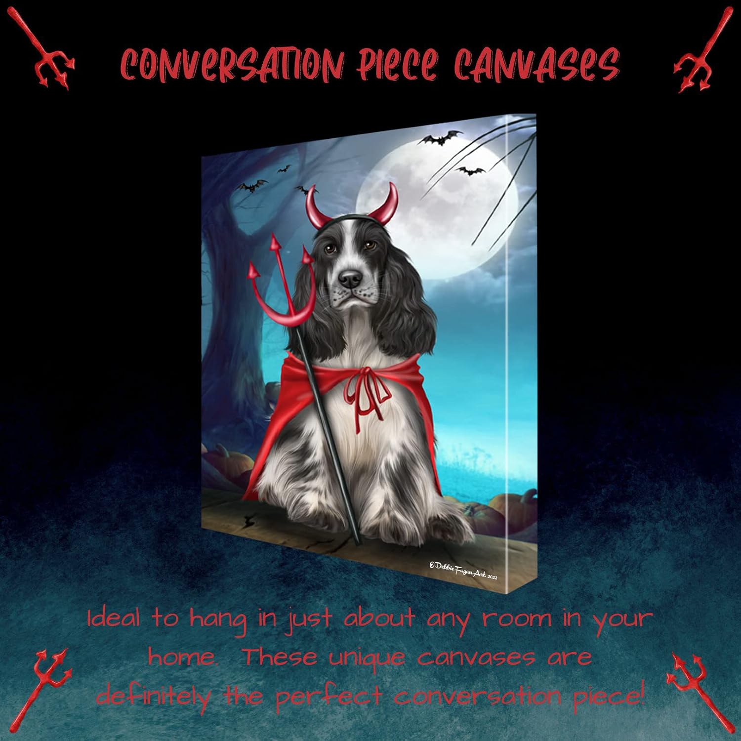 Devil Halloween with Cocker Spaniel Dogs Canvas Wall Art - Premium Quality Ready to Hang Room Decor - Pecan Floating Framed 16" x 16"
