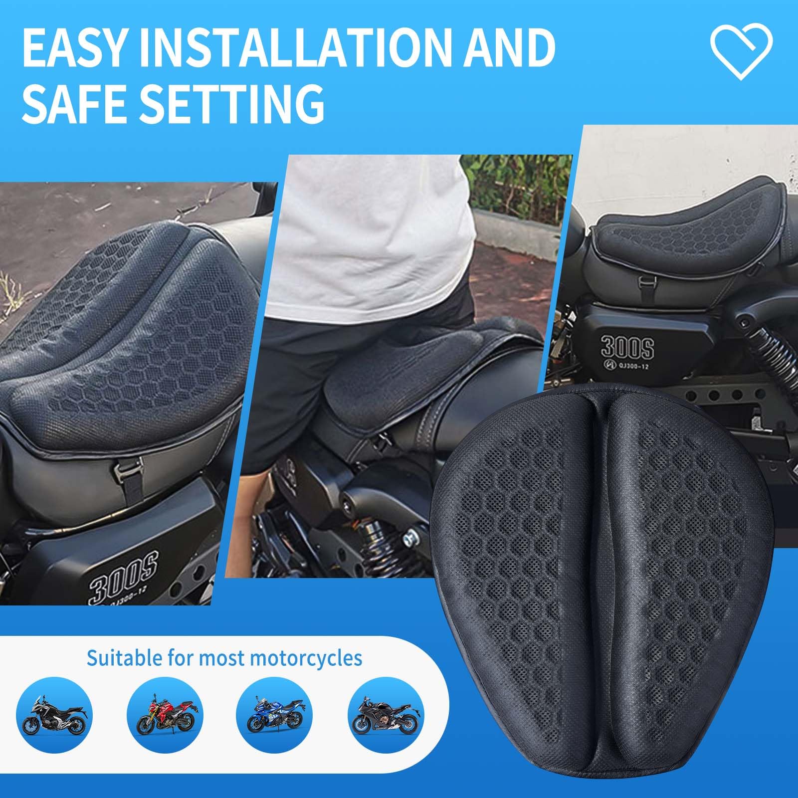 Gel Sitzkissen Motorrad Universal 3D mit Struktur von Bienennest, Gelkissen Motorrad Klappbar Antirutschschutz, Atmungsaktiv und Schlagdämpfung Bequem für Lange