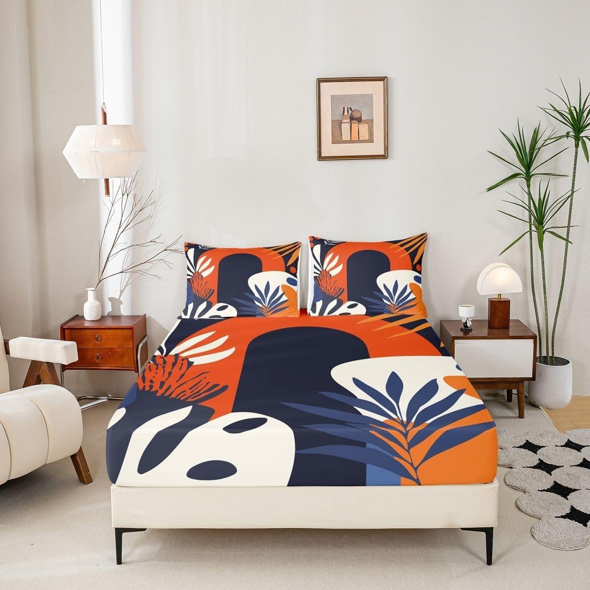 Leaves Super King Fitted Sheet Modern Style Bed Sheets Deep Pocket 12 inch (30 cm) Soft Cozy 3 Piece Microfibre Bed Sheet 180x200 cm with 2 Pillowcases 50x75 cm