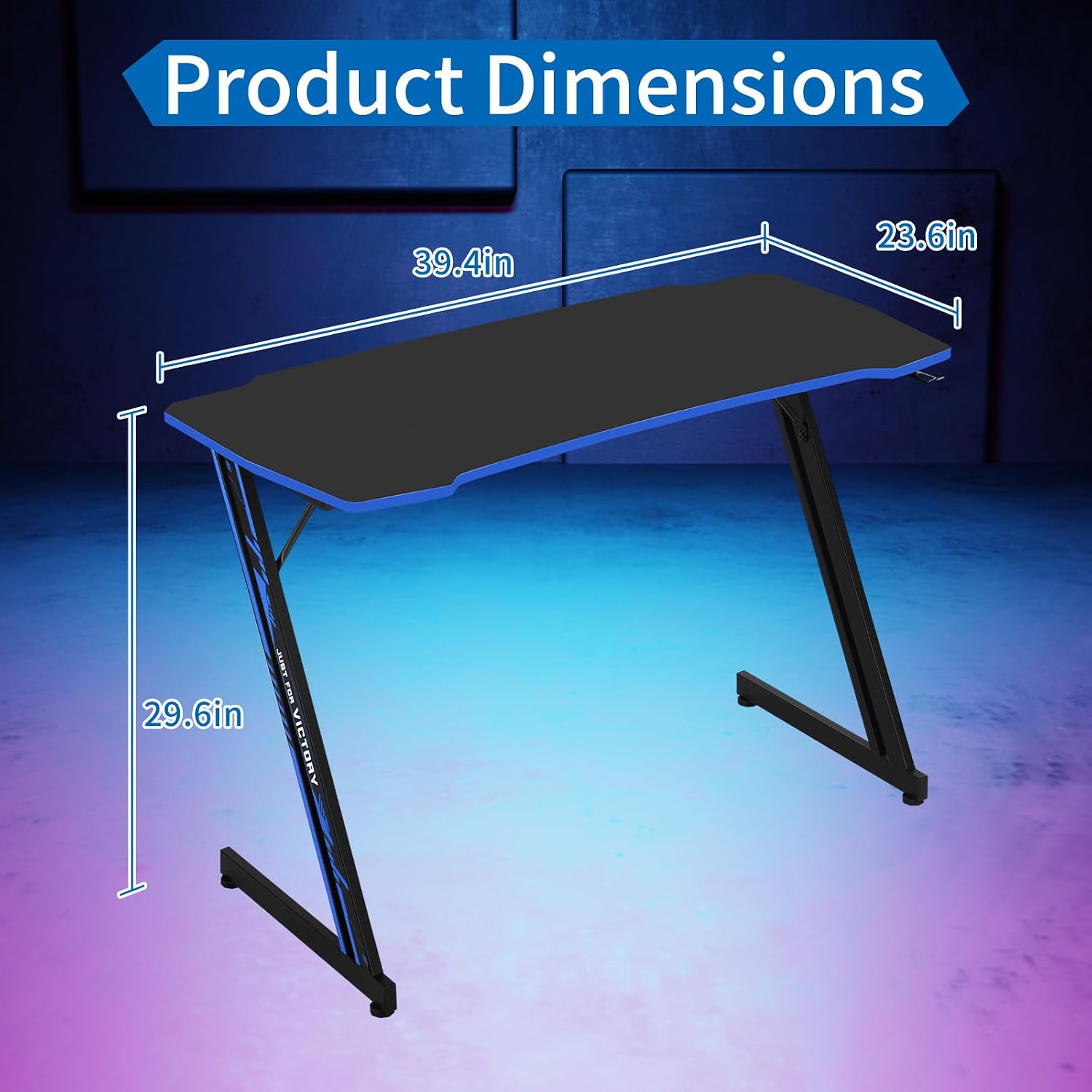 39 ”Gaming Desk Ergonomic Computer Desk Z Shaped Office Home Desk Simple PC Workstaion Gaming Table with Carbon Fibre Surface& Headphone Hook for Bedroom, Workstation, Blue