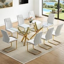 Glass Dining Table Set for 8,Gold Dining Room Table Set for 8,71 Tempered Glass Kitchen Table Set with White PU Leather Chairs Suitable for Dining Room Kitchen