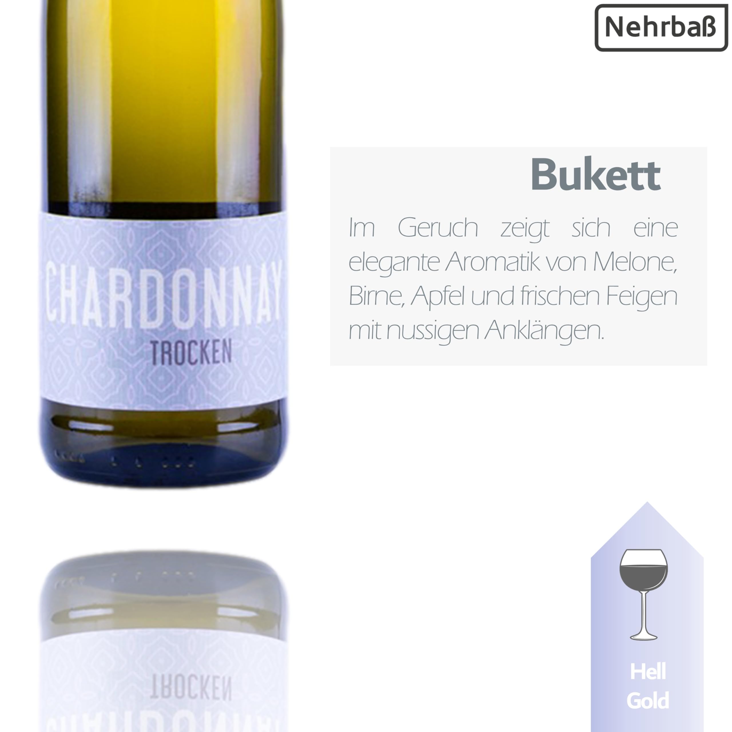 Nehrbaß - “Chardonnay 2024” - Weißwein trocken 6 x á 0,75 Liter - Qualitätswein - Vegan - Aus Deutschland (Rheinhessen) - mit Schraubverschluss