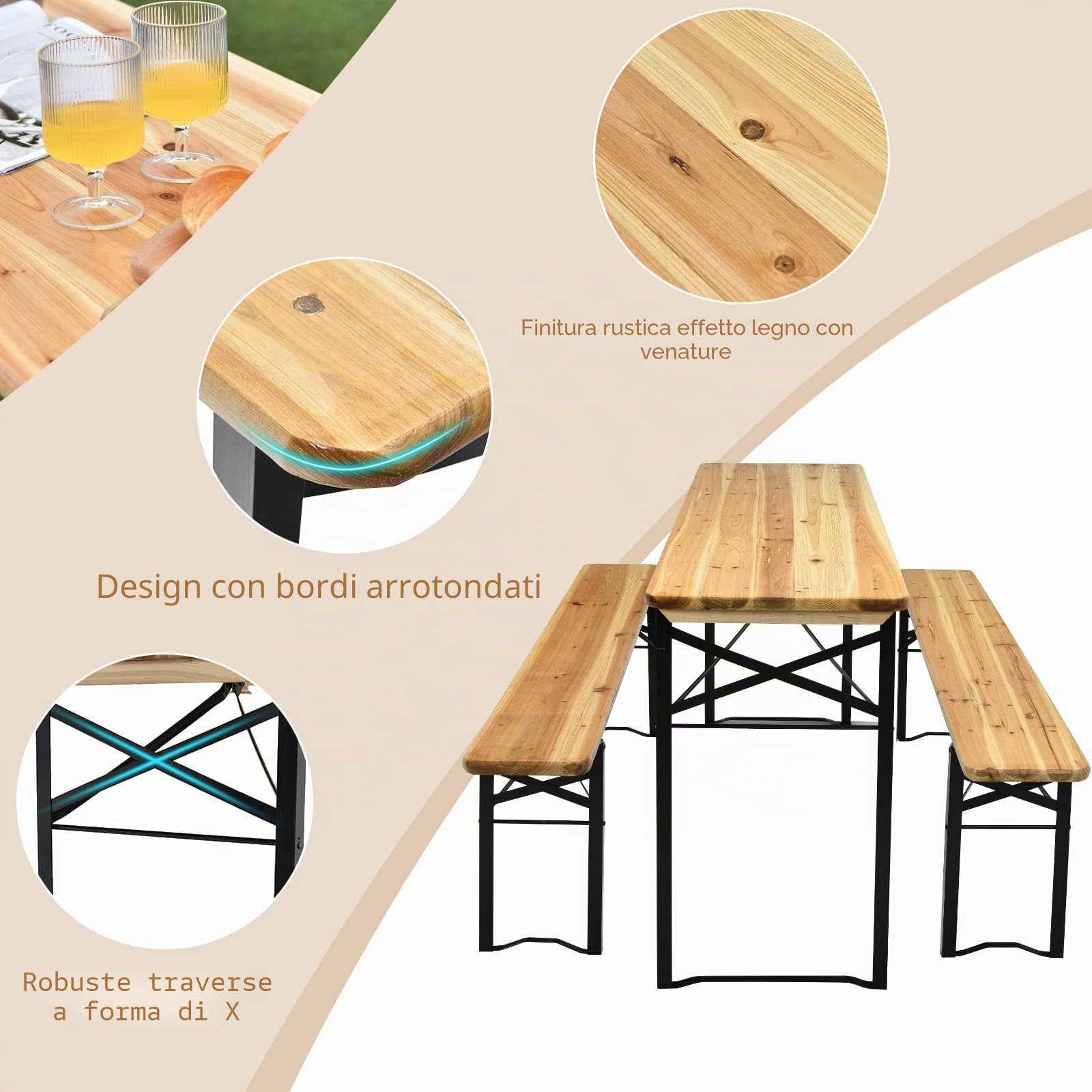 GIANTEX Set da Tavolo e 2 Panche da Campeggio Pieghevole, Tavolo da Picnic in Legno con Telaio e Gambe in Ferro Robusto，Adatto per Terrazza, Barbecue e Festa in Giardino