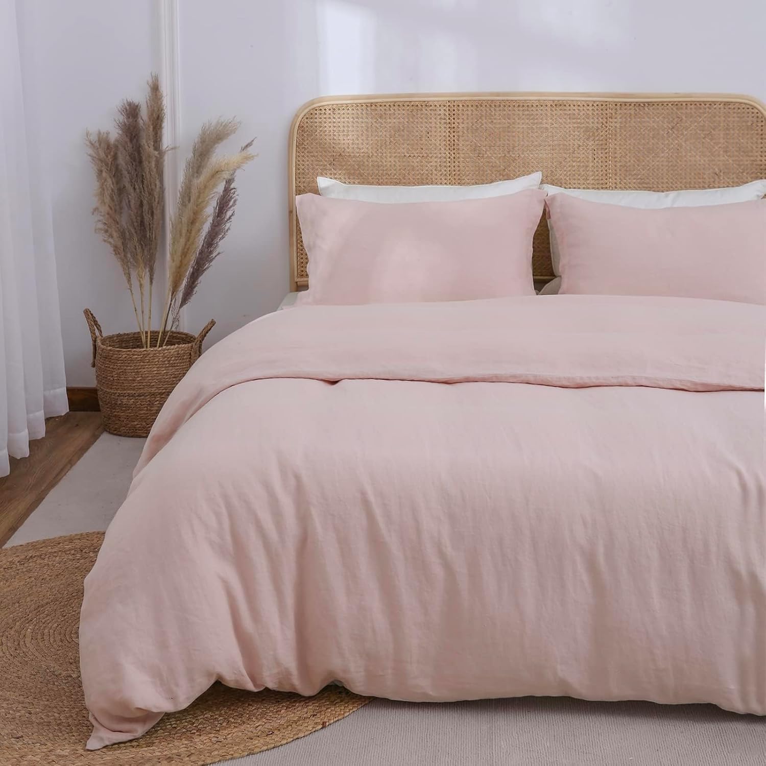 Simple&Opulence 100% Linen Duvet Cover Set, 3 PCS Natural French Flax Blush Pink Duvet Cover Queen Size, Breathable Soft Comfy Linen Bedding Comforter Cover with 2 Pillowcases(Blush Pink, 88"x92")