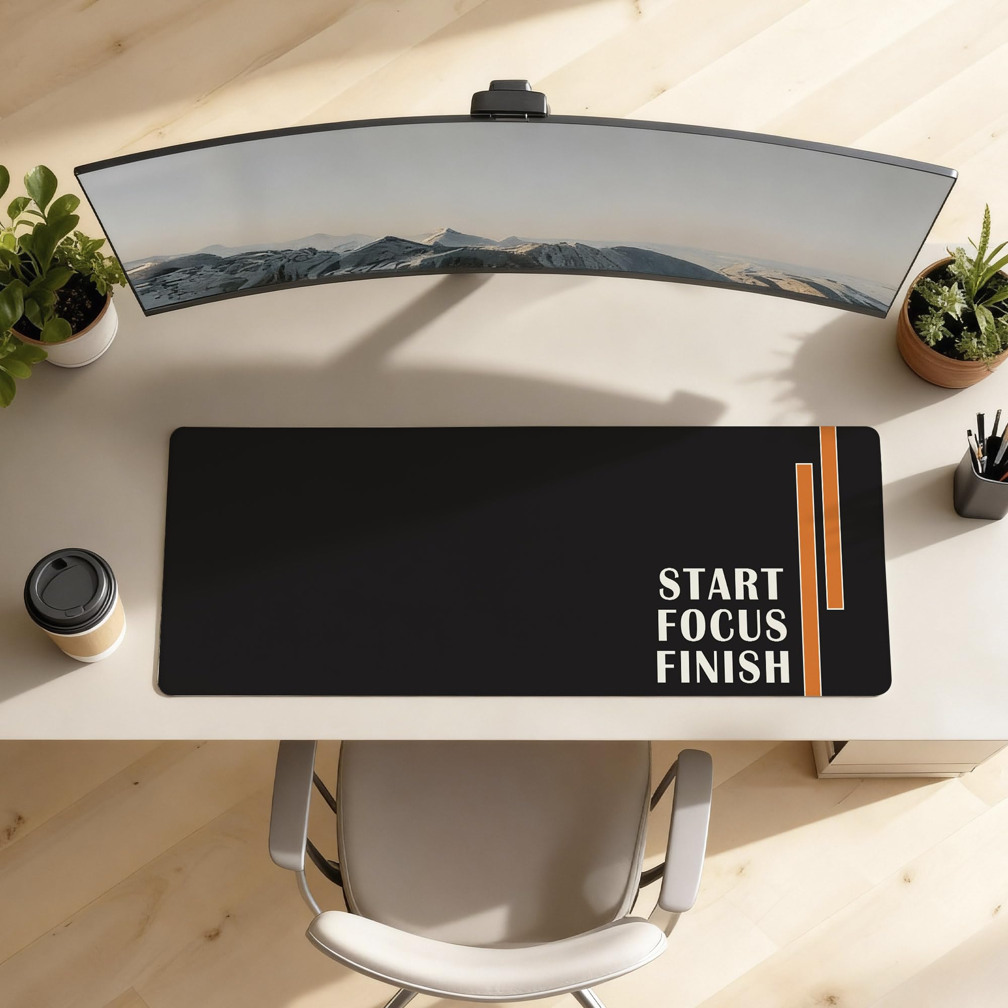 SoulAbiti Start Focus Finish Gaming Mouse Pad, 36 x 16 Inch XXXL Extended Desk Mat for Keyboard & Mouse, Black Orange Productivity Deskpad, Non-Slip Rubber Base, Stitched Edges 1