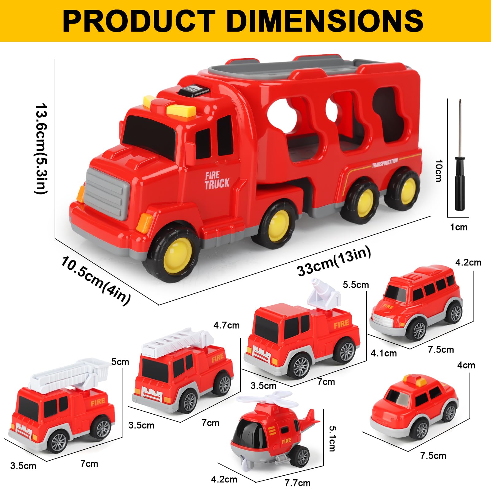 Camion Bomberos Juguete,7 en 1 Camiones de Juguete para Niños de 2-6 Años,Camion Transportador de Coches con Luces y Sonidos,Coche de Juguete de Fricción con 2 Pegatinas,Regalo para Niños