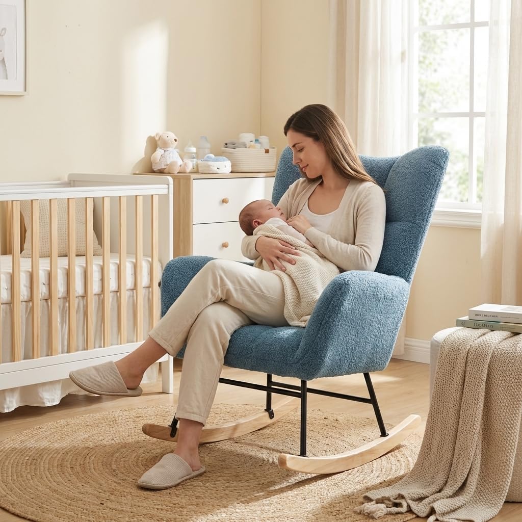 Soft Teddy Velvet Rocking Chair, Wingback Glider Rocker Teddy Velvet Glider Rocker with Solid Wood Base, Nursery Rocking Chair Plush Upholstered Nursery Rocker for Living Room Rock