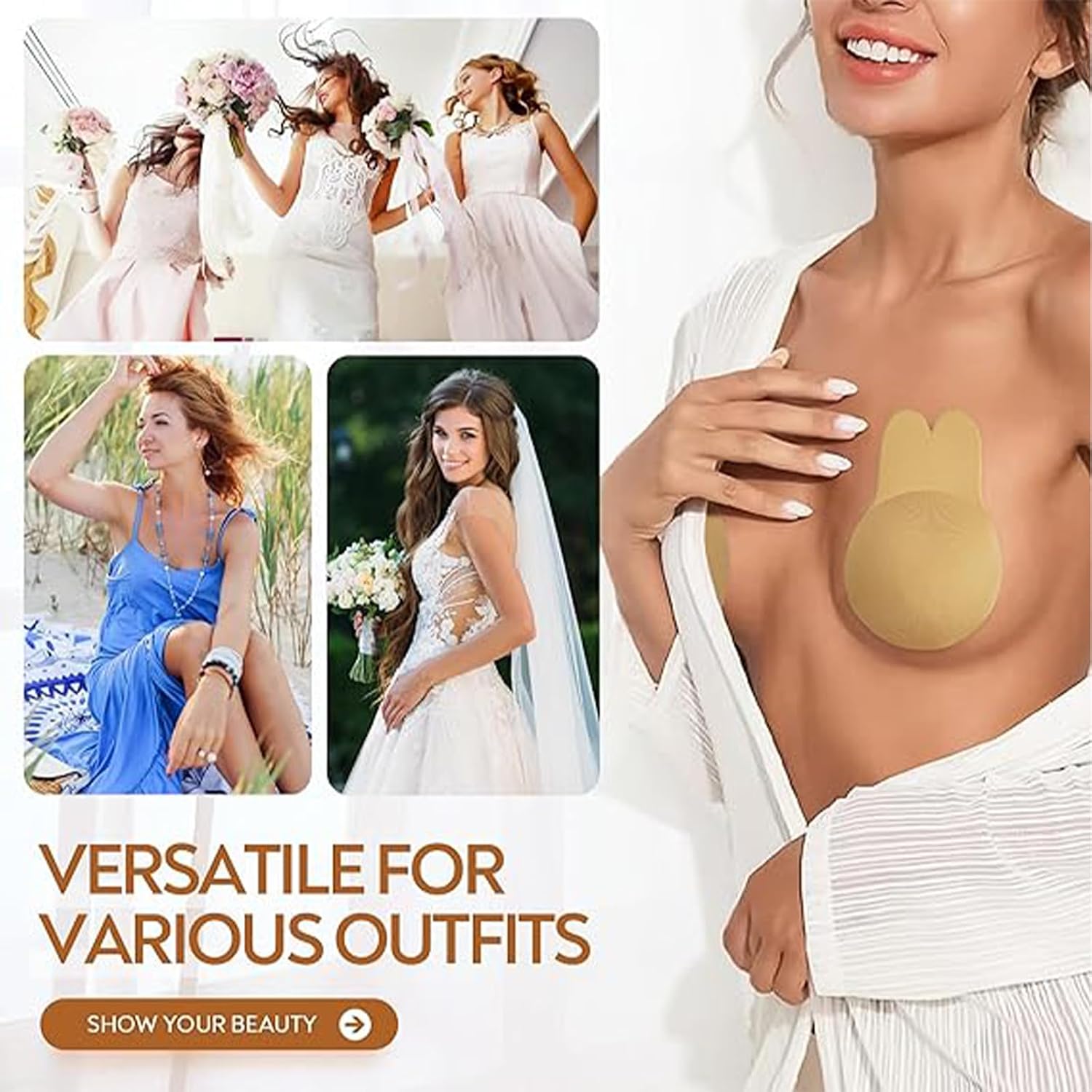 Sticky Bra Push Up, Cakes Sticky Bra, 3 Pcs for Backless Dresses and Formal Events, Adhesive Bra with Rabbit Ears Design Beige