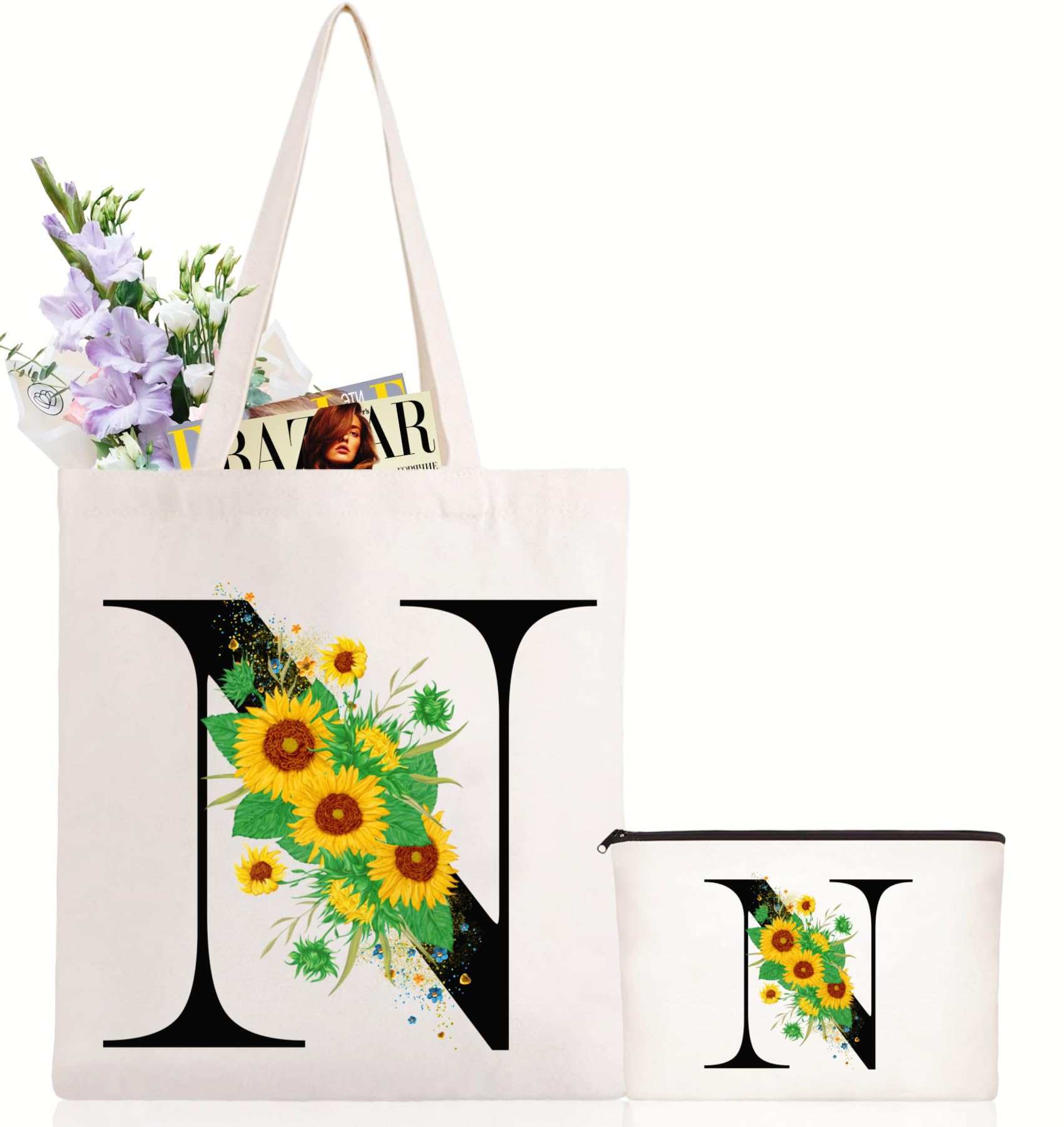Andeiltech Initial Canvas Tote Bag Sunflower Letter Personalized Makeup Bag Monogrammed Gift for Bridesmaids Birthday Wedding