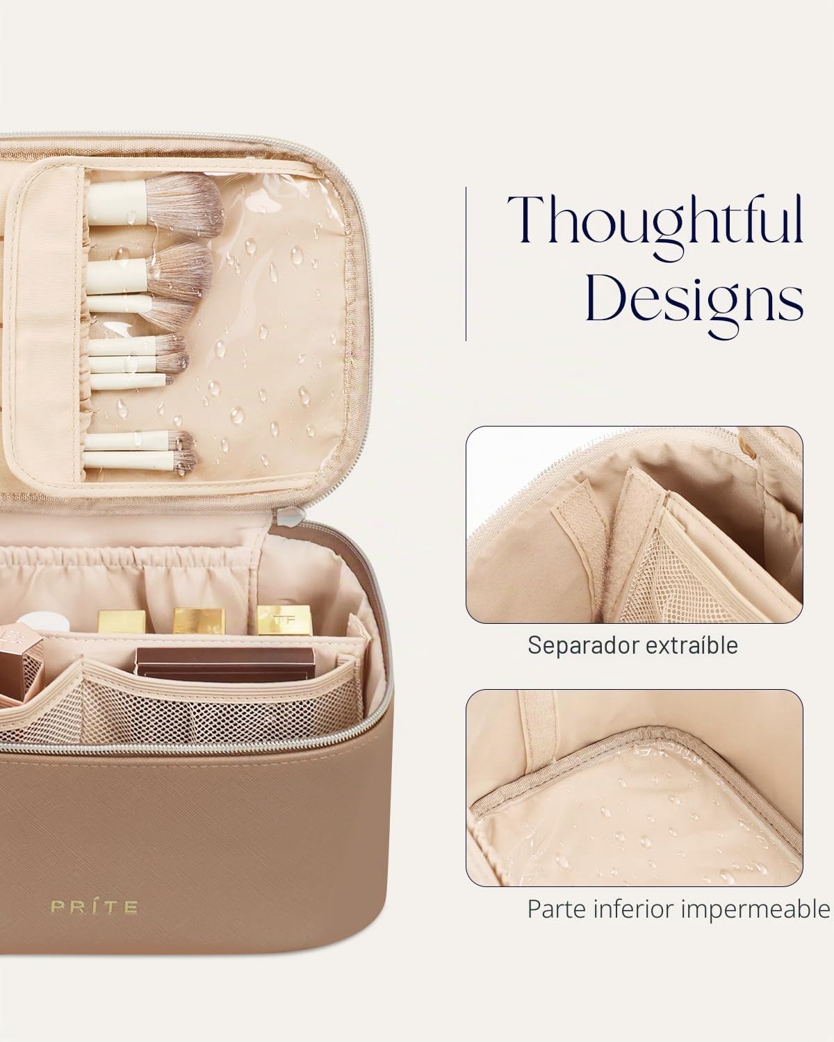 Estuche de Maquillaje Prite, Bolsa de Cosméticos de Viaje de Gran Capacidad Portátil, Organizador de Maquillaje Impermeable para Mujeres con Asa y Divisores (001 Marrón)