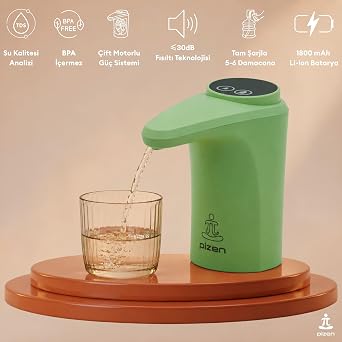 Flow Şarjlı Otomatik Damacana Su Pompası TDS Ölçer 250ml 500ml 1L 2L Ölçü Özellikli Yeşil