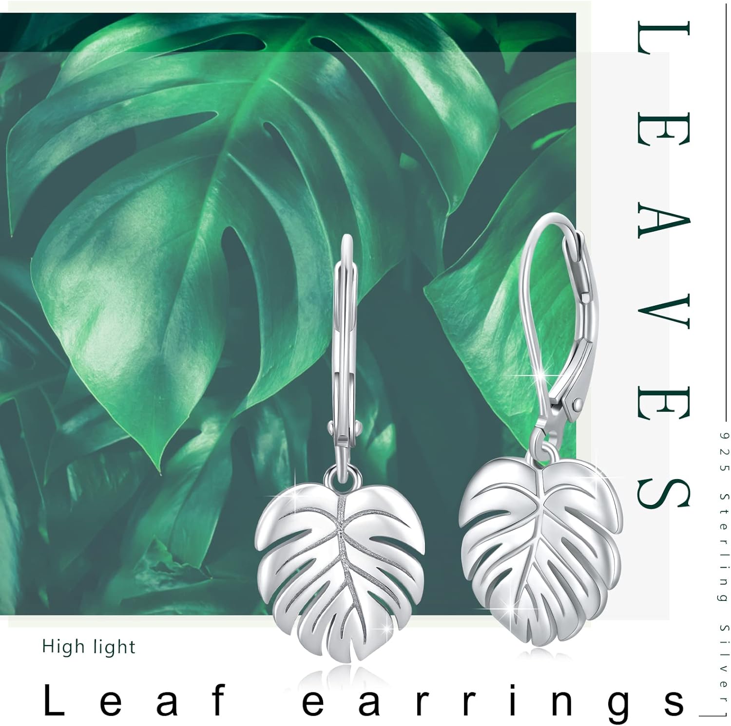 Monstera Earrings 925 Sterling Silver Leverback Earrings Palm Leaves Tropical Earrings Plant Dangle Drop Earring for Women Girls Fashion Jewelry - Image 8