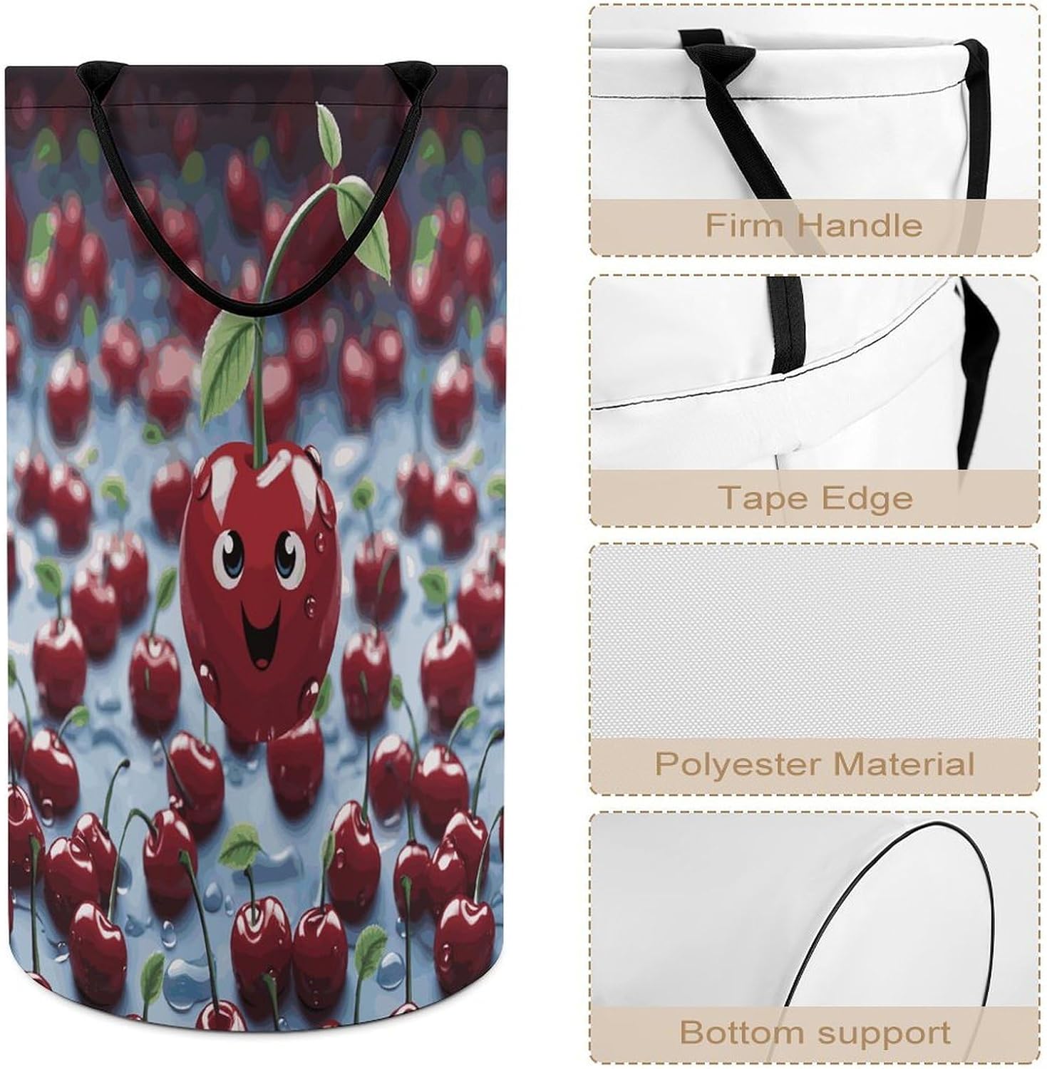 Cartoon Cherry Laundry Basket 86L Laundry Hamper | Collapsible Clothes Hamper with Reinforced Handles Waterproof Tall Foldable Dirty Clothes Basket for Hotel, Home, Closet