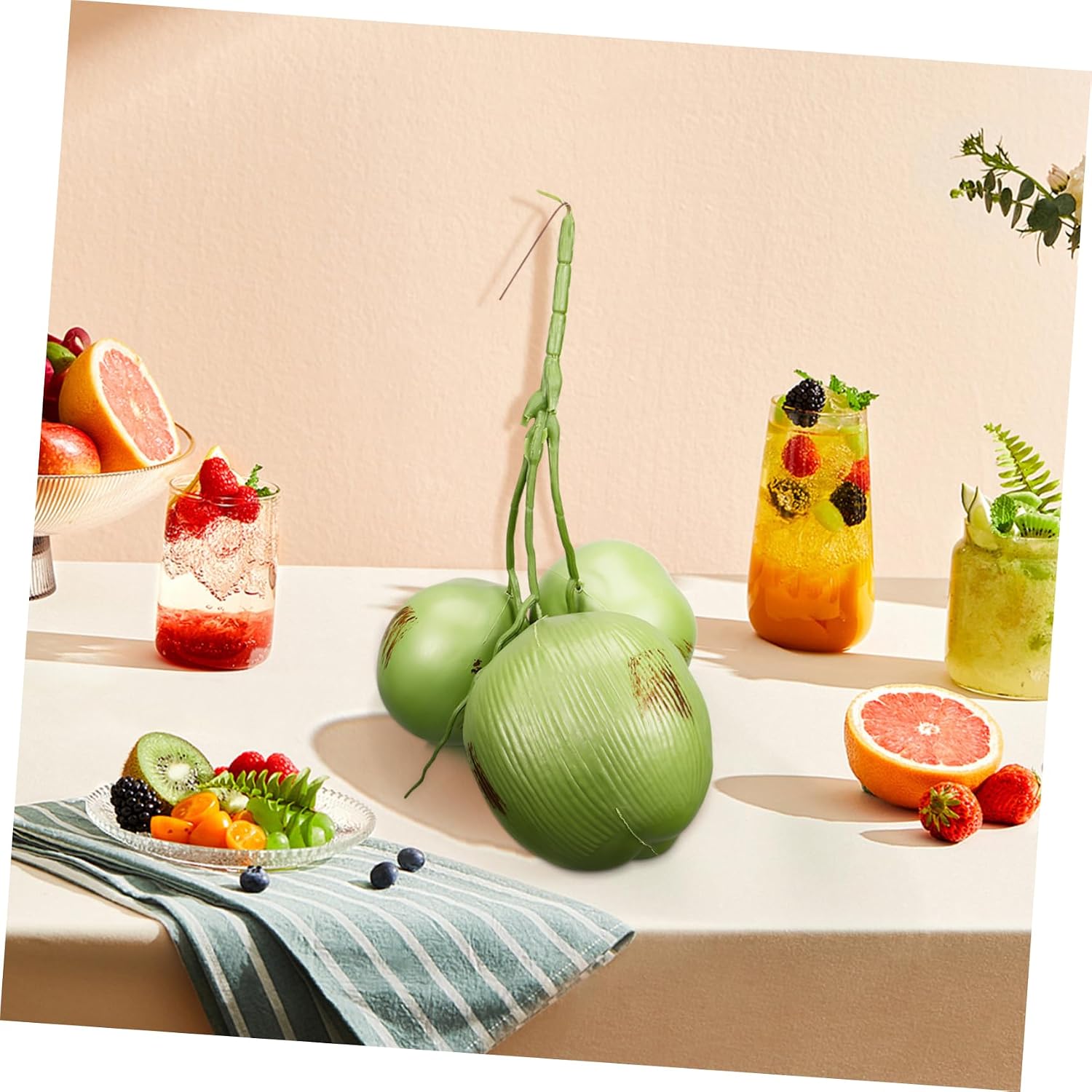 1 Bunch Artificial Fake Coconuts with Lifelike Faux Fruit Decorations for Tropical Hawaiian Party Photo Props Farmhouse Home Decor Green