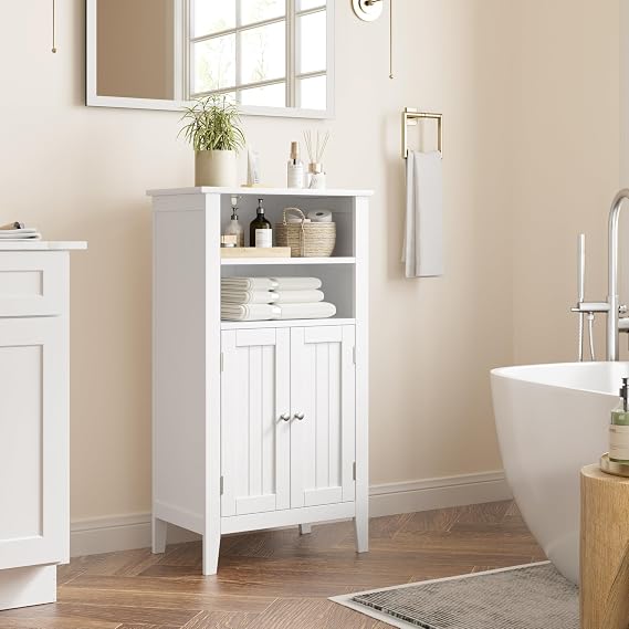 BOTLOG Wooden Floor Cabinet, Bathroom Storage Cabinet with 2 Doors and Adjustbale Shelf, Freestanding Entryway Storage Unit Console Table for Kitchen Bathroom, White