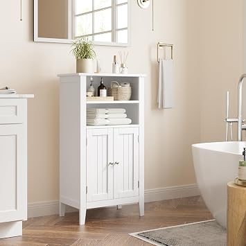 BOTLOG Wooden Floor Cabinet, Bathroom Storage Cabinet with 2 Doors and Adjustbale Shelf, Freestanding Entryway Storage Unit Console Table for Kitchen Bathroom, White
