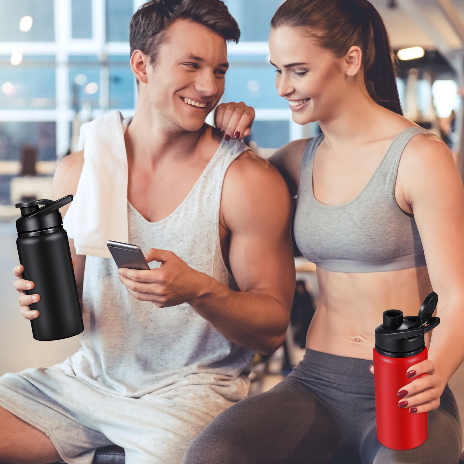 CHENGU Set di 12 bottiglie d'acqua in alluminio sottovuoto, in metallo, per sport, bici, riutilizzabili, da viaggio, con coperchio, per palestra, sport, campeggio, escursionismo, pesca (500 ml)