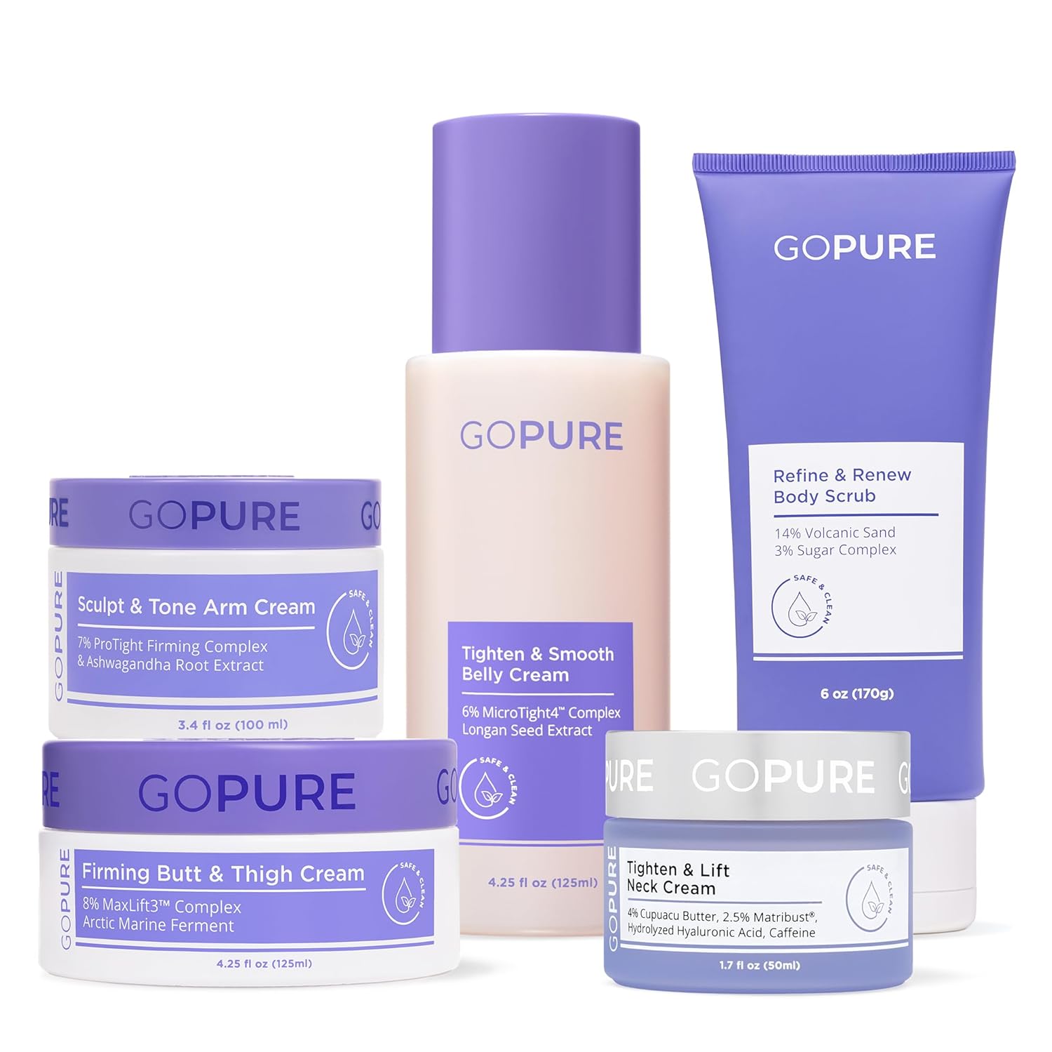 goPure – Total Body Firming Set – Neck, Arm, Butt & Thigh, Belly Cream and Body Scrub