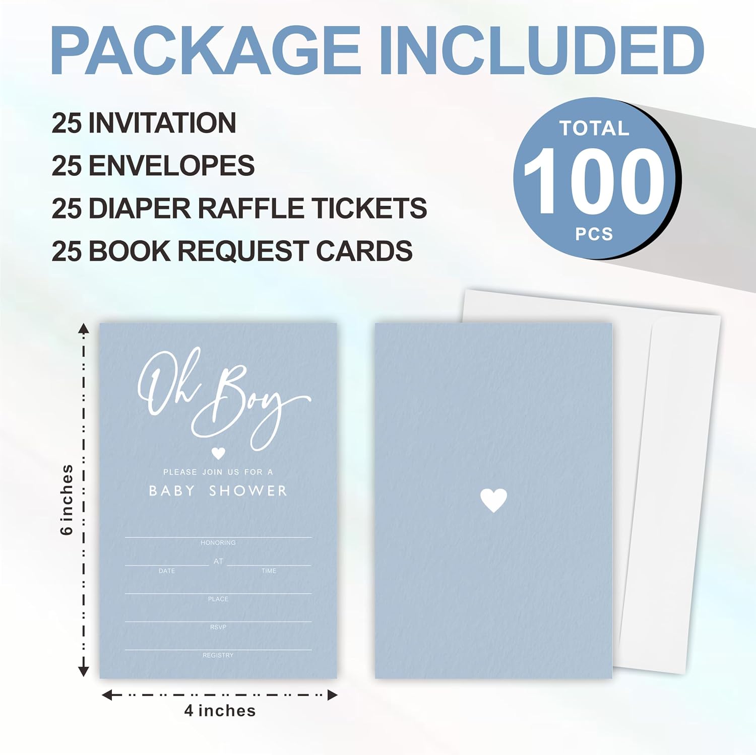 Oh Boy! Baby Shower Invitation Kit, Included Invites With Envelopes, Diaper Raffle Tickets(25 Pcs Each), Book Request Cards For Baby Announcement, Gender Reveal Party Favor And Supplies-A04