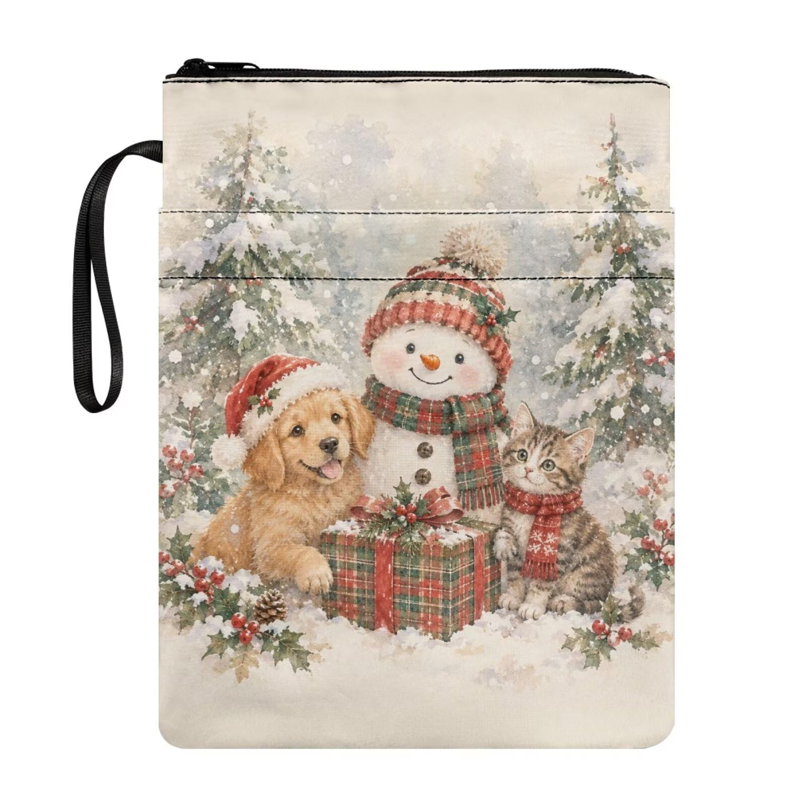 Poceacles Polyester Book Sleeve for Textbooks, Paperbacks, Notebooks, Christmas Reading Accessories Book Pouch for Travel School, Snowman Dog Cat — image 1