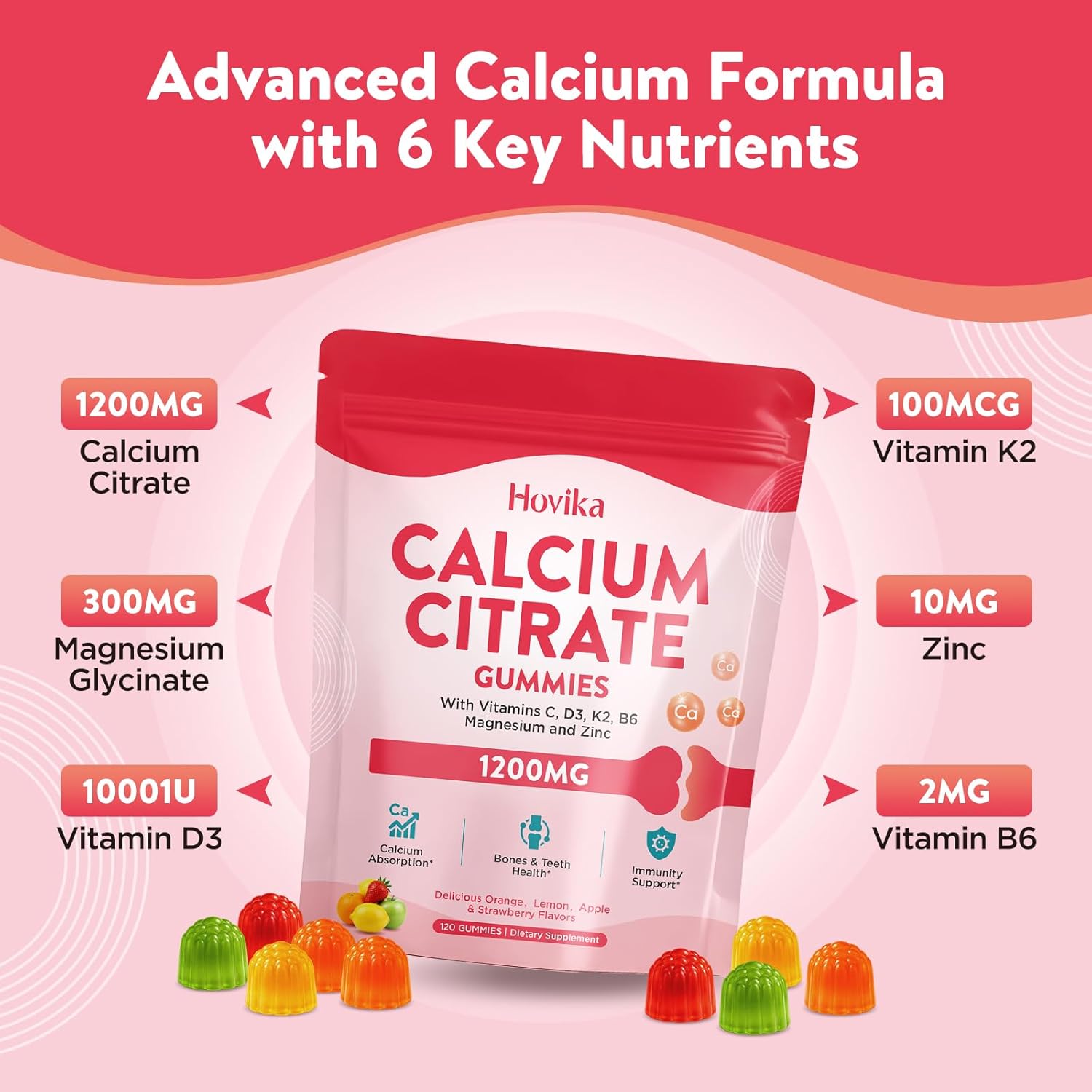 Calcium Citrate Gummies Supplements for Women & Men, Calcium 1200mg with Vitamin D3, K2, Magnesium, Zinc, Boron, Silicon for Bone, Muscle Healthy & Immune, Sugar Free, Mixed Fruits Flavors, 120 Count