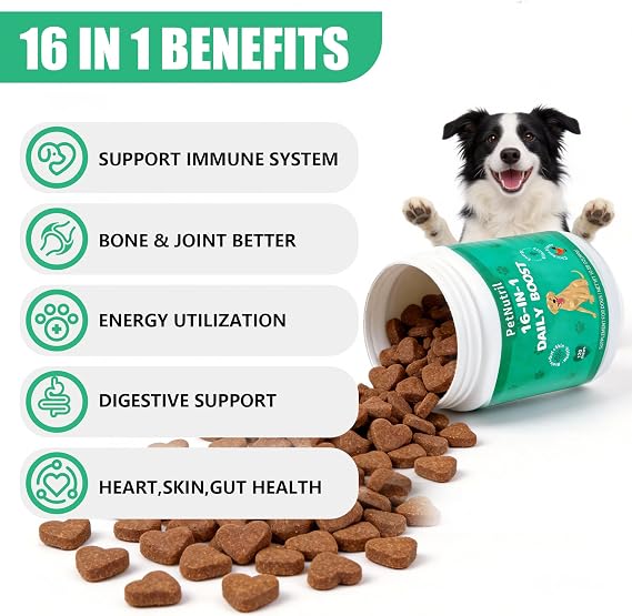 Dog Vitamins and Supplements, 16 in 1 Multivitamins Essential Dog Vitamin Minerals Chewable with Omega-3 Fish Oil Glucosamine Probiotics for Pet Hip Joint Coat Skin Digestion Health, 120 Chews