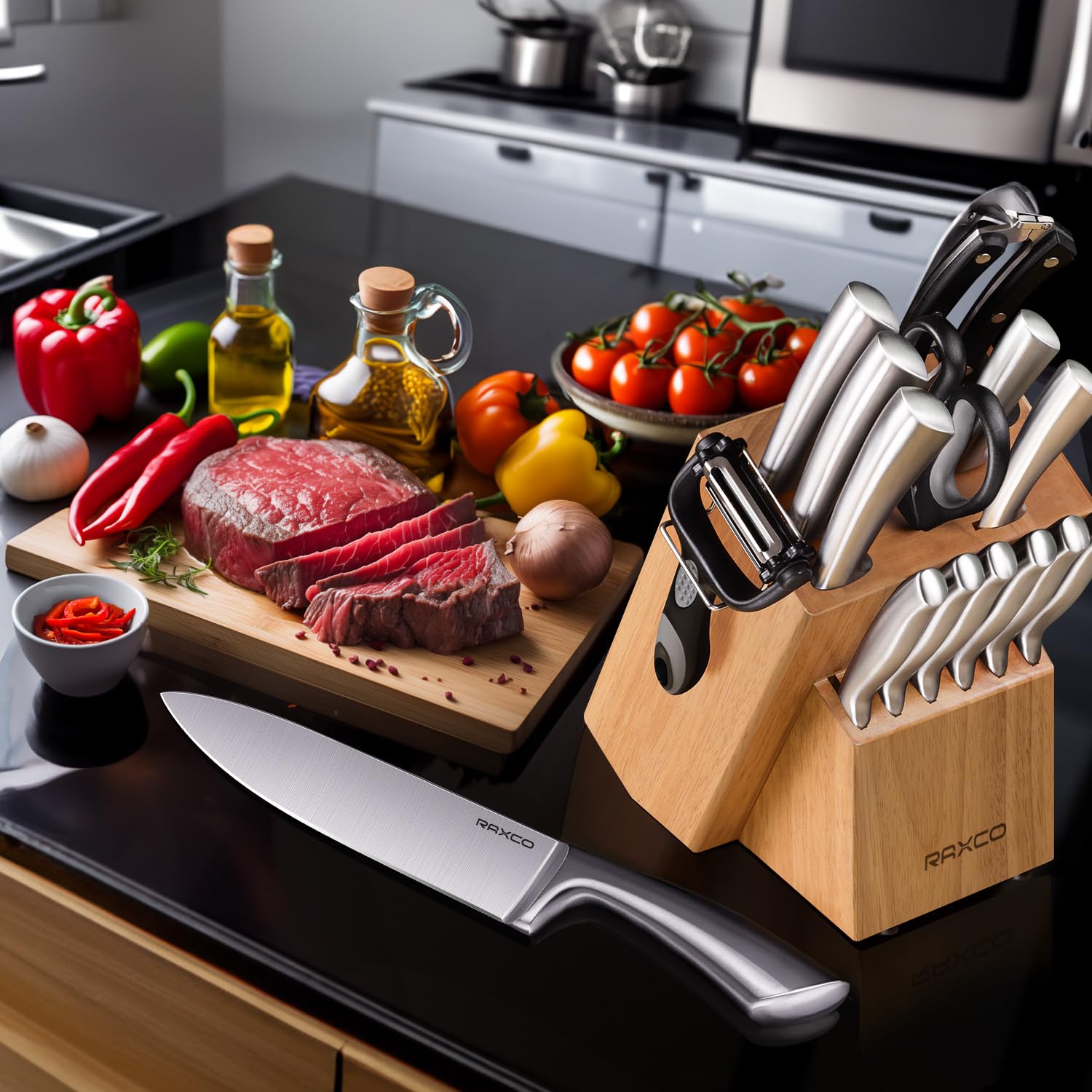 RAXCO Bloc à couteaux, Set de 18 couteaux de cuisine en acier inoxydable - Set de couteaux à steak, Sets de couteaux de cuisine professionnels avec bloc et aiguiseur (Oak)
