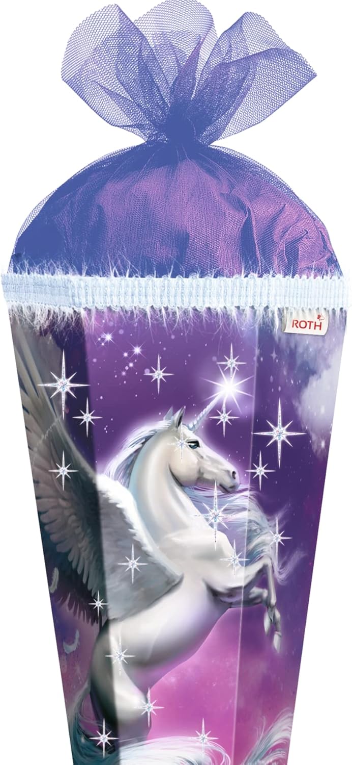 ROTH Schultüte groß Magic Pegasus mit Glitter und Borte 85 cm eckig Rot(h)-Spitze Tüllverschluss Zuckertüte Schulanfang