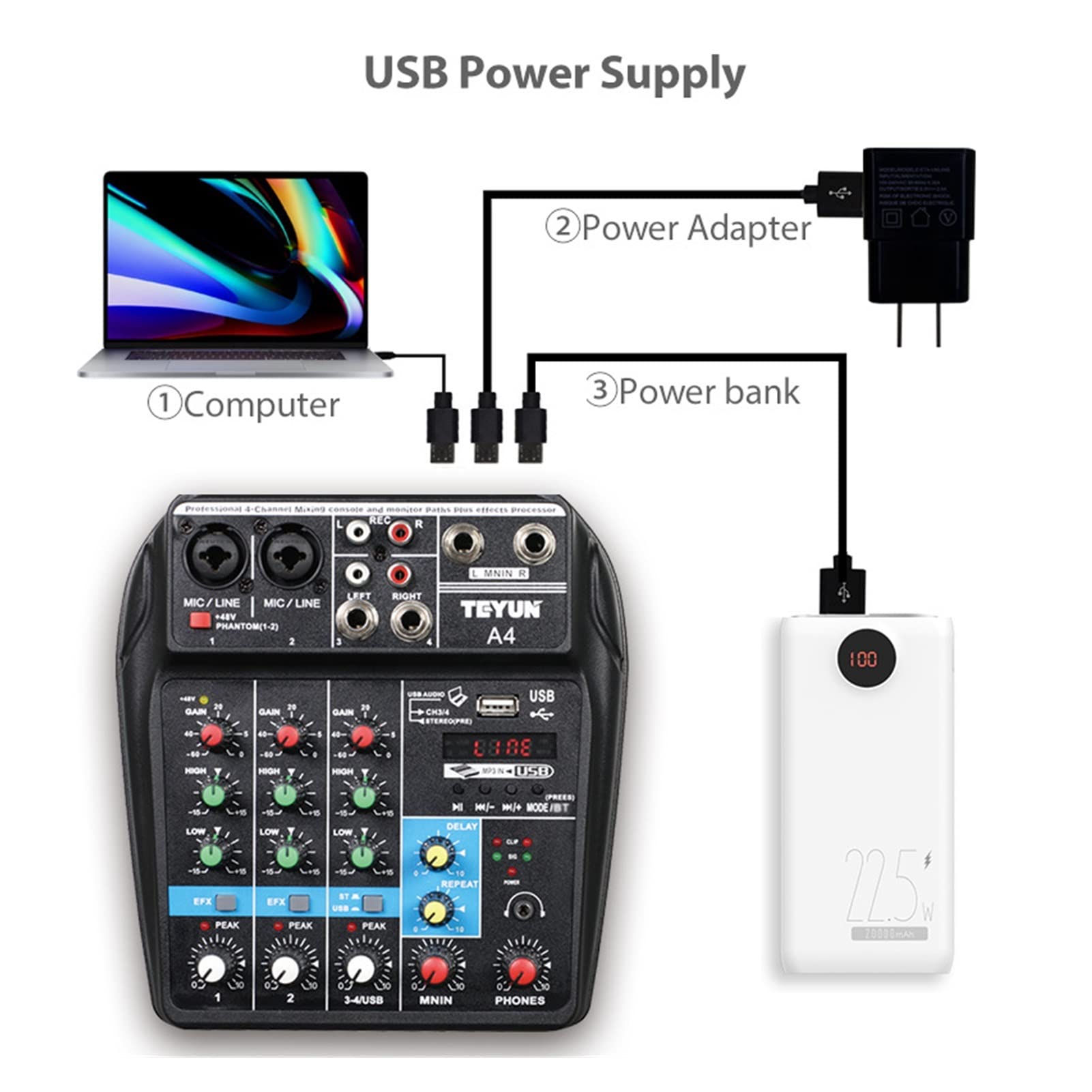 Attrezzatura per DJ per Feste A4 Bluetooth Console di miscelazione del Suono USB Registra Computer 48V Phantom Power Delay RepAeat Effect 4 Canali USB Mixer Audio(E-U)