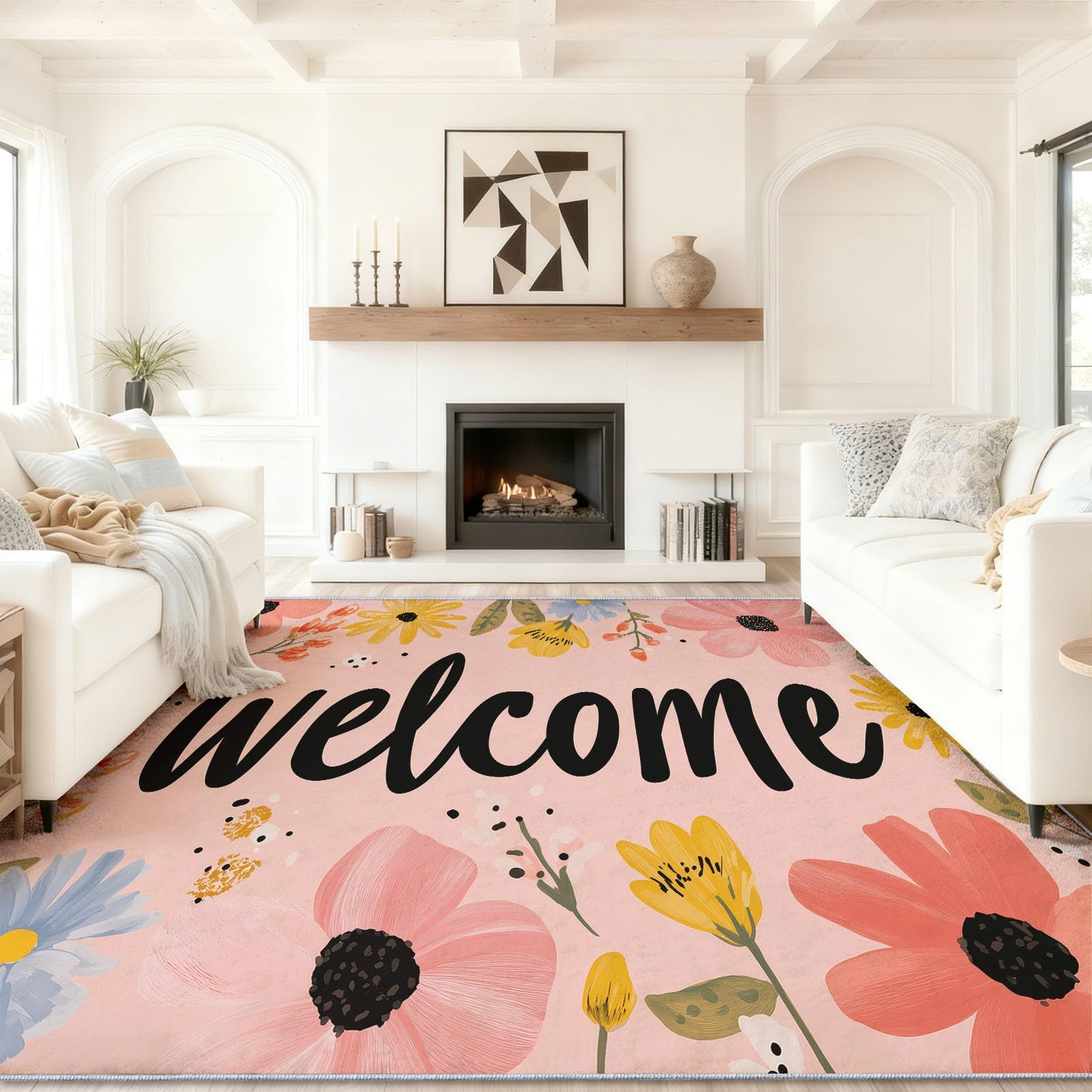 Tapis de salon facile à nettoyer pour chambre d'enfant avec envers antidérapant rose