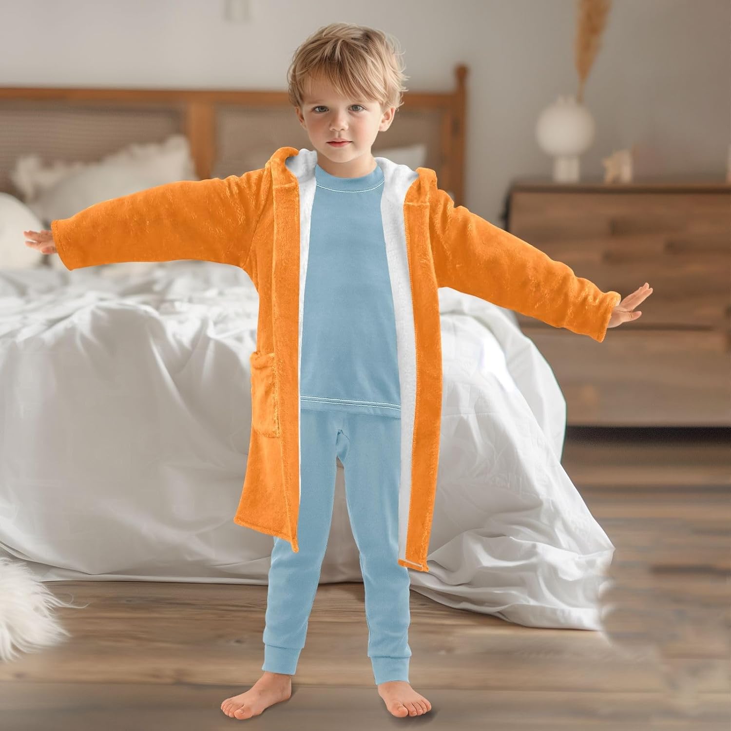 Sun Orange Kids Bathrobe, Plush Hooded Towel for Boys Girls, Soft Quick-Dry Microfiber Bath Robe