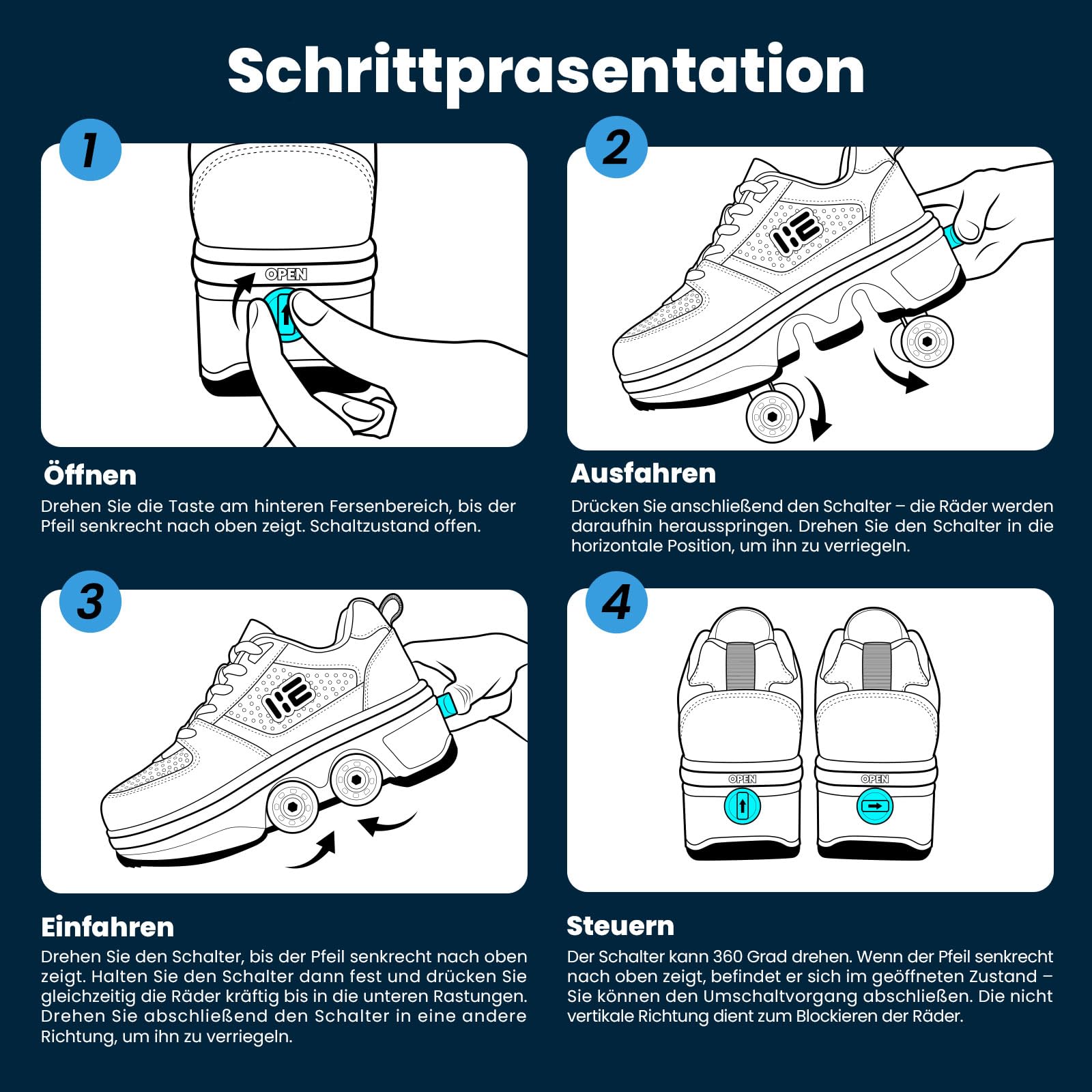 2-in-1 Rollschuhe & Turnschuhe, Unisex Teleskopierte Räder Schuhe, Outdoor-Spaß & Fitness Kick Rollschuhe