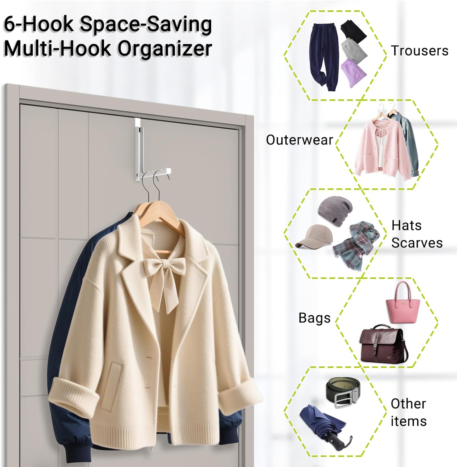 2-Pack Foldable Over-The-Door Hooks, Travel Portable Clothes Drying Rack, 6-Hook Space Saver for Clothing, Coats, Bags, Laundry Room, Bedroom, Bathroom, Entryway, Dorm - White